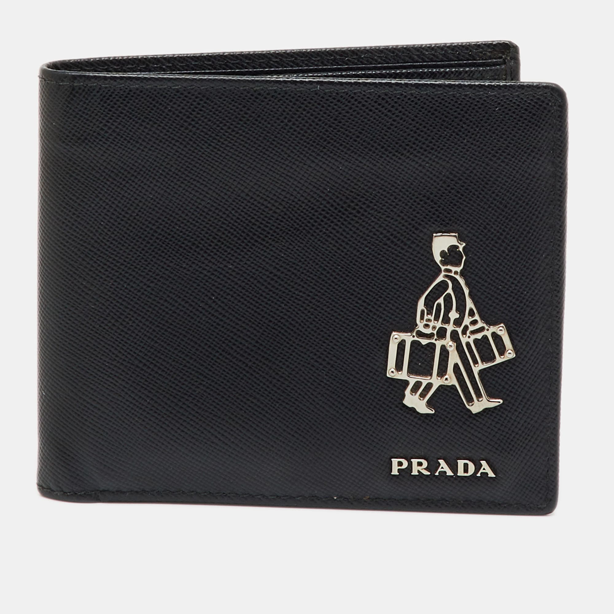 Prada Black Saffiano Metal Leather Bellhop Bifold Wallet