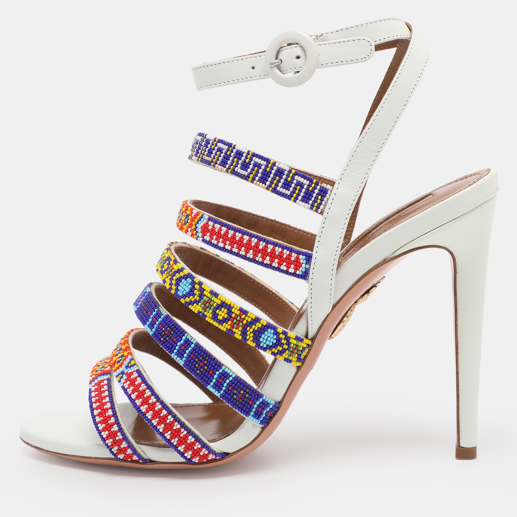 Aquazzura White Beads and Leather Strappy Ankle Strap Sandals Size 38.5