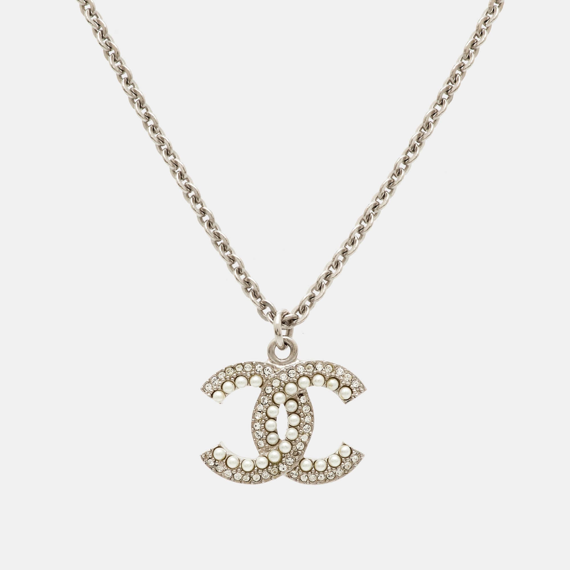 Chanel CC Crystal Faux Pearl Silver Tone Pendant Necklace