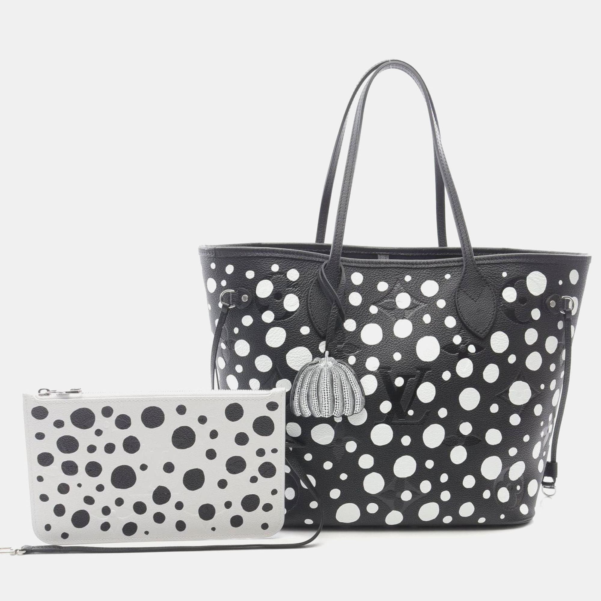 Louis Vuitton X Yayoi Kusama Neverfull MM Black White Monogram Empreinte Leather Tote Bag