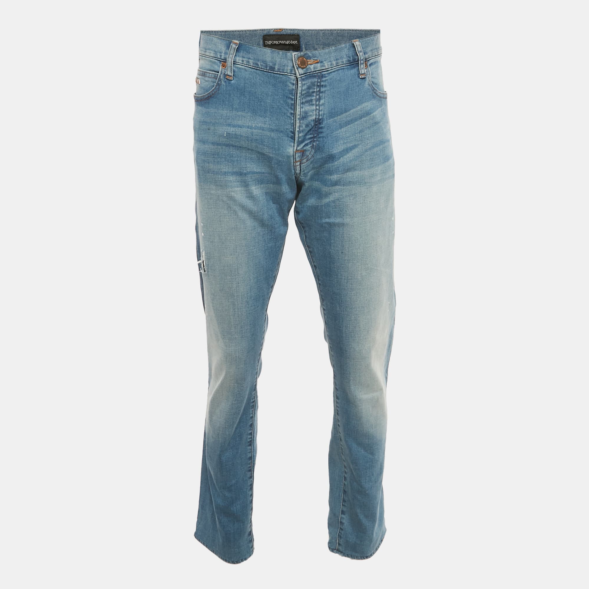 Emporio Armani Blue Paint Splattered Distressed Denim Regular Fit Jeans XXL Waist 40"