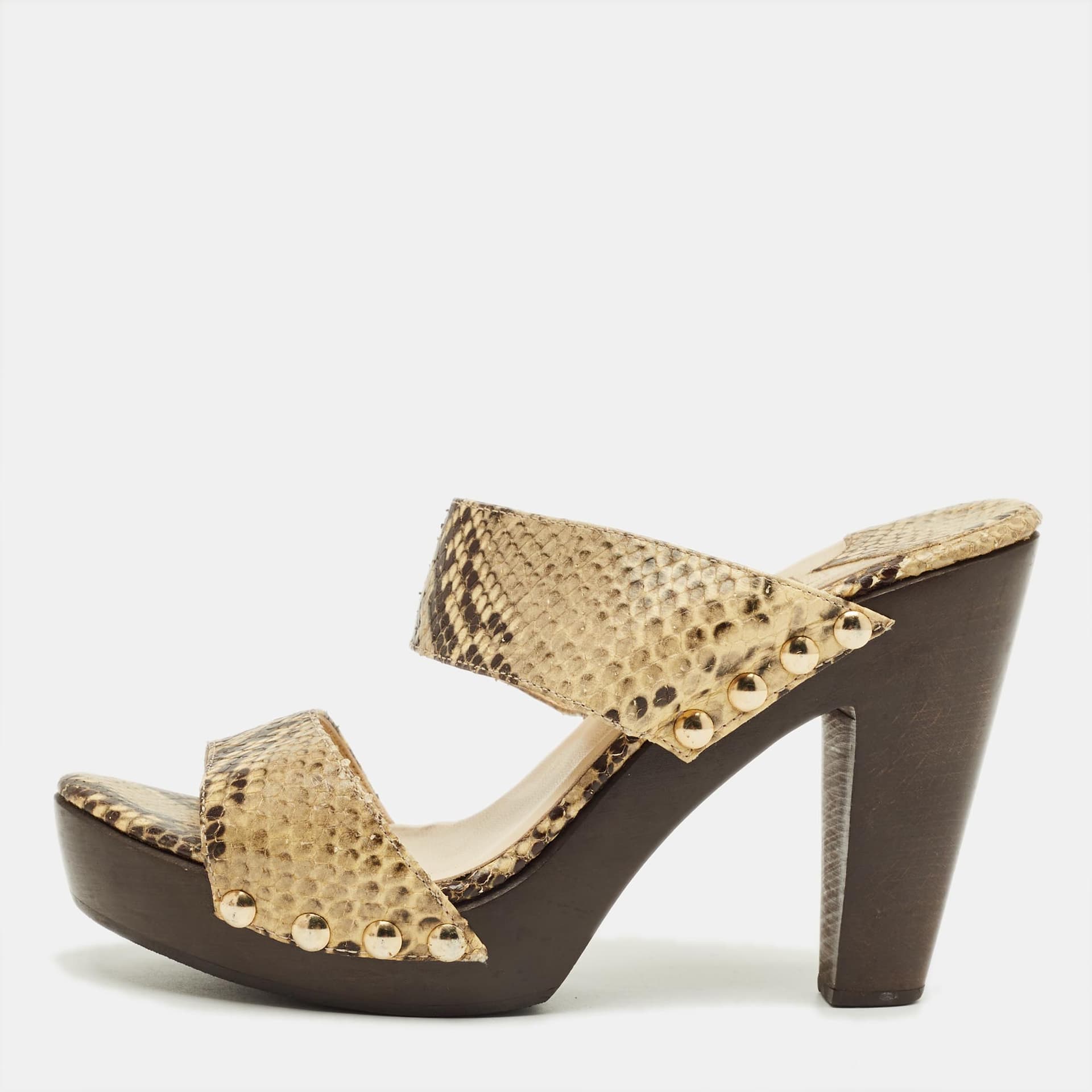 Jimmy Choo Beige/Brown Snakeskin Embossed Leather Wooden Platform Sandals Size 40