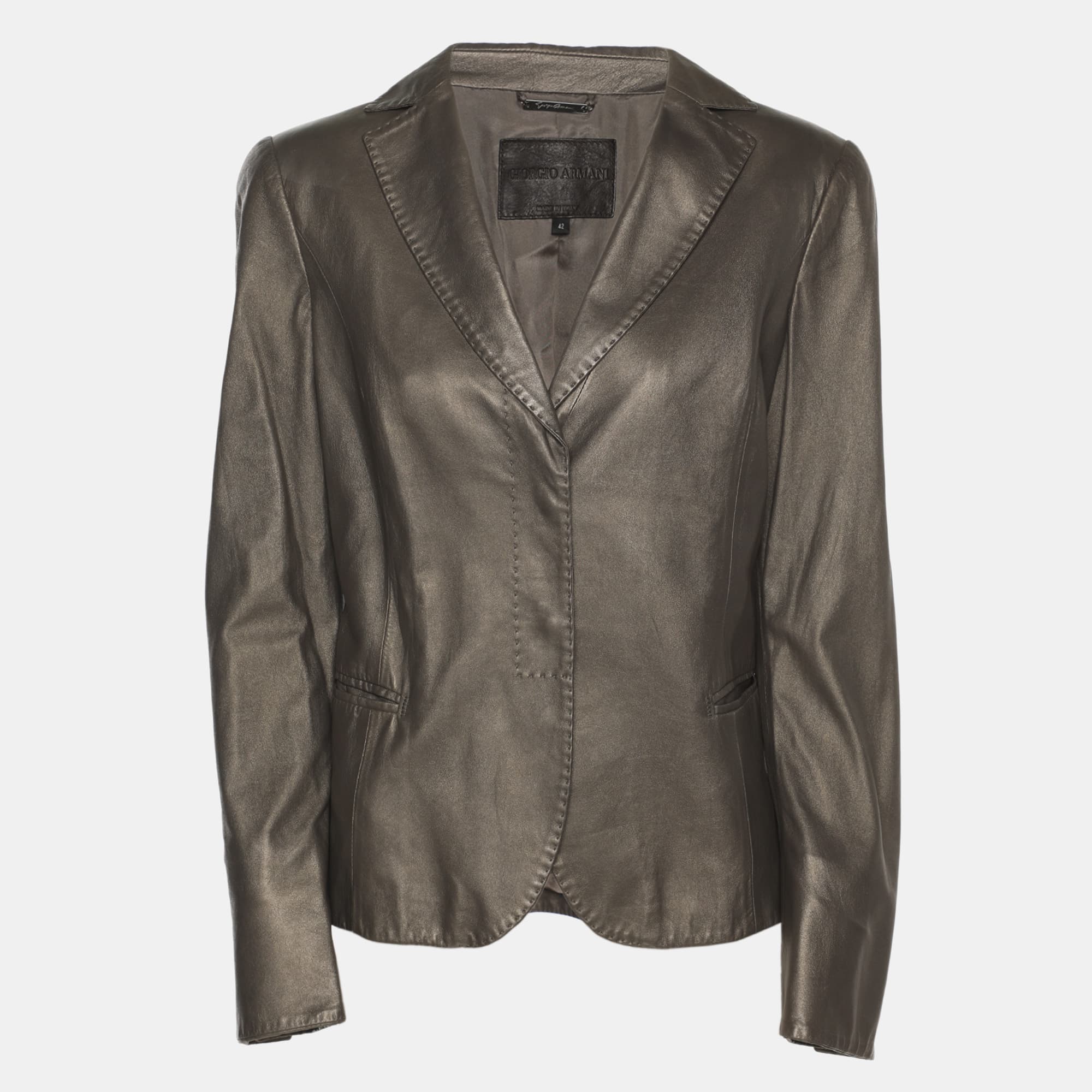 Giorgio Armani Metallic Olive Lambskin Blazer M