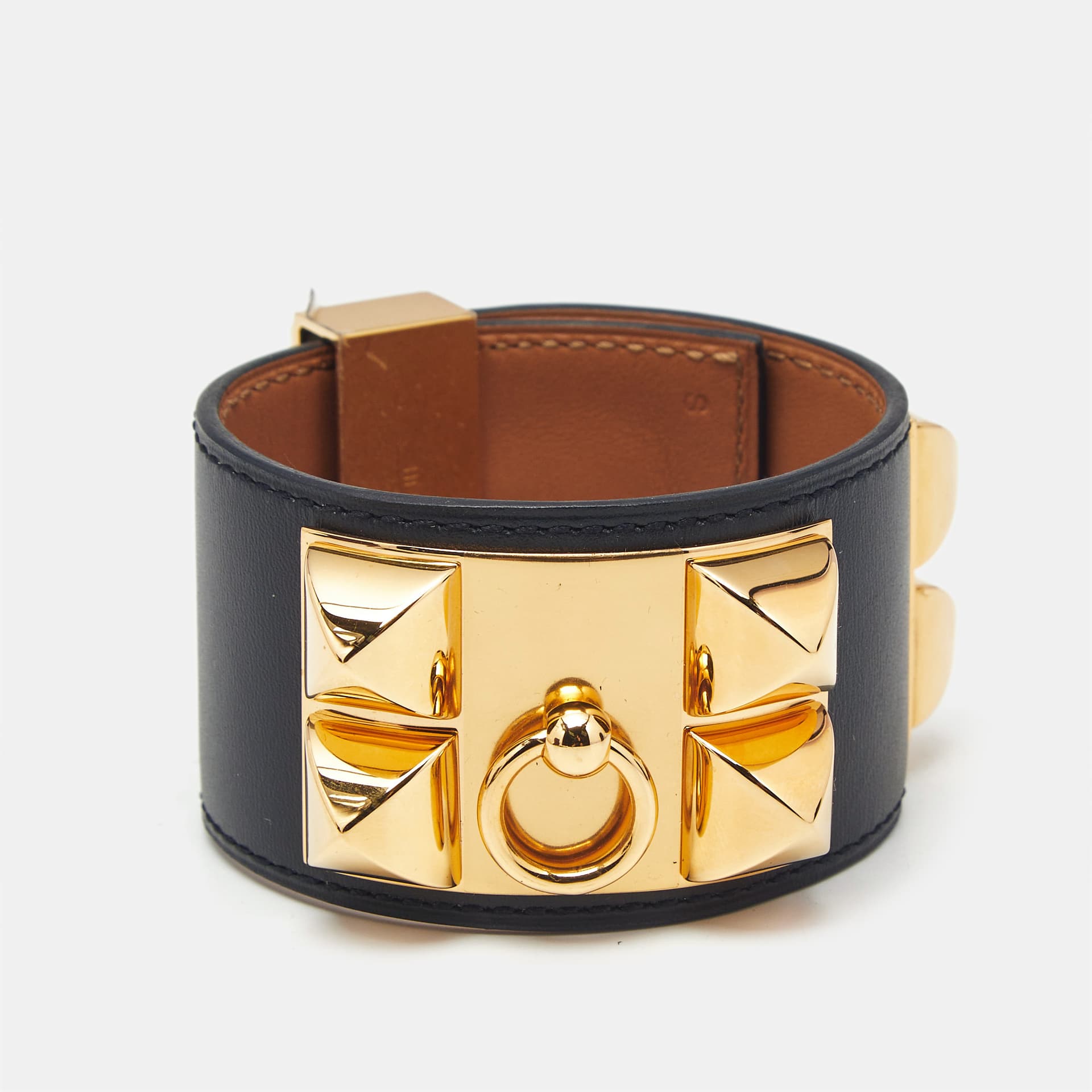 Herm&egrave;s Collier De Chien Black Leather Gold Plated Bracelet S