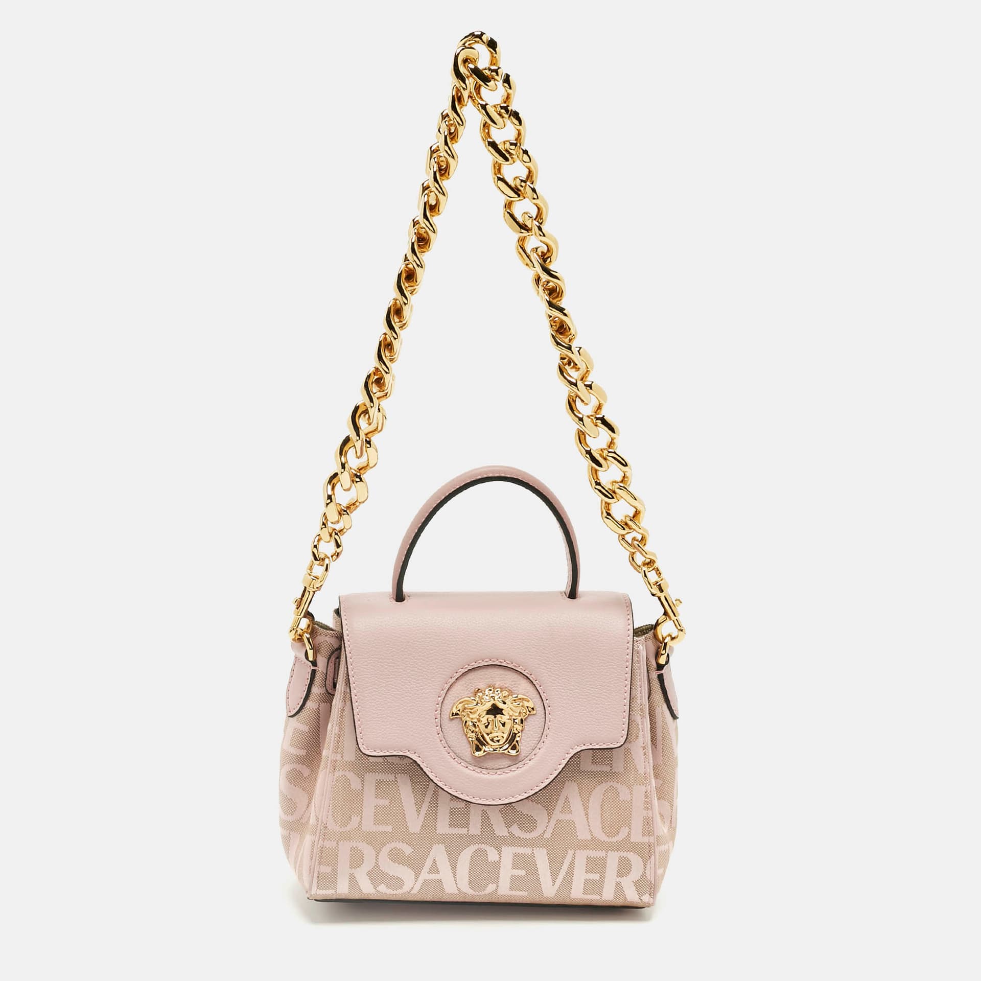 Versace Lilac Jacquard Canvas and Leather Small La Medusa Top Handle Bag