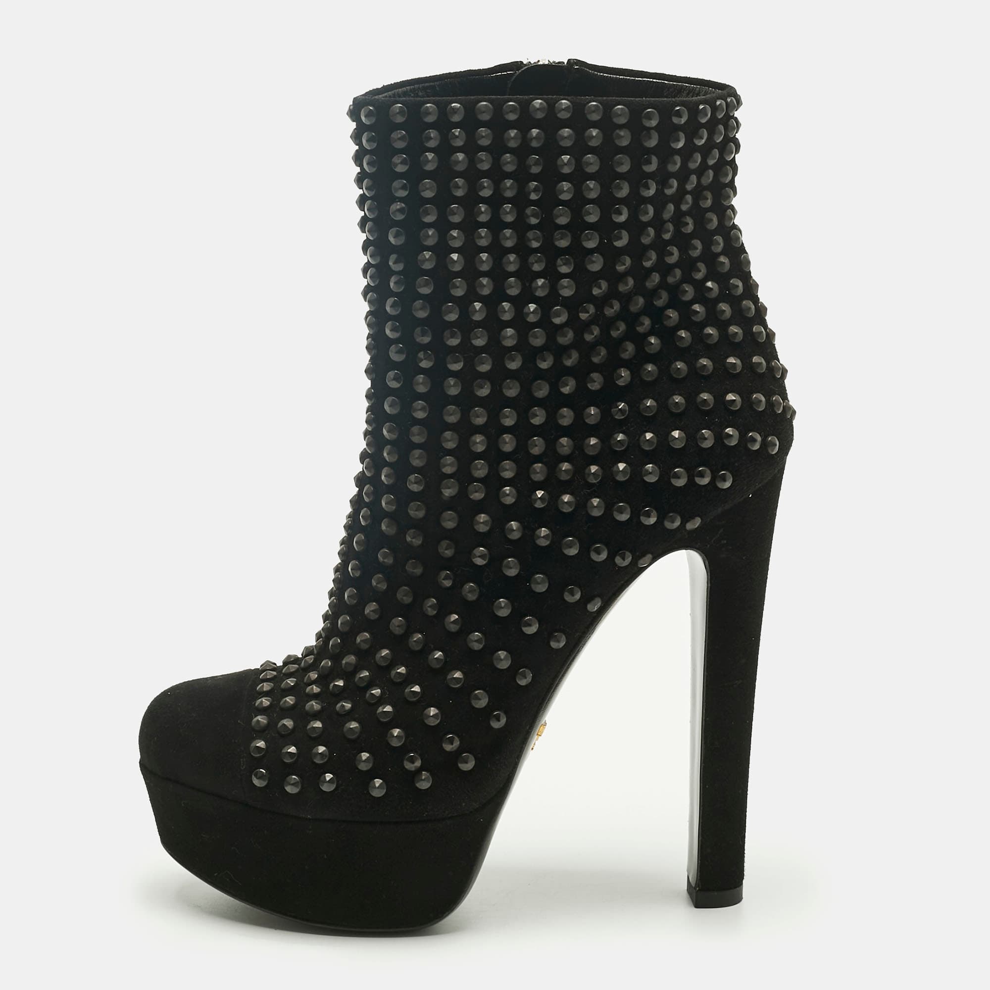 Prada Black Suede Stud Embellish Platform Ankle Length Boots Size 37