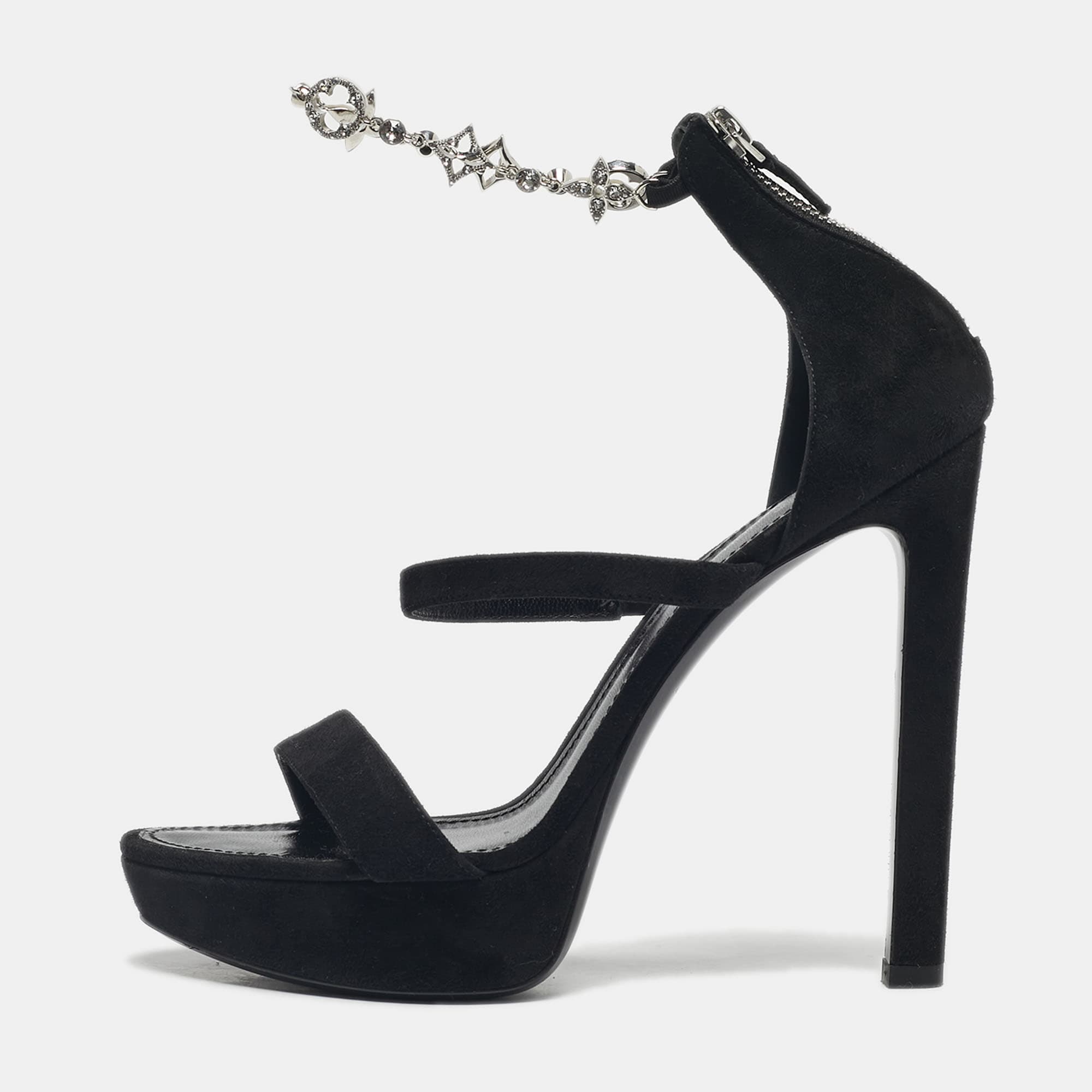 Louis Vuitton Black Suede Ankle Strap Platform Sandals Size 38