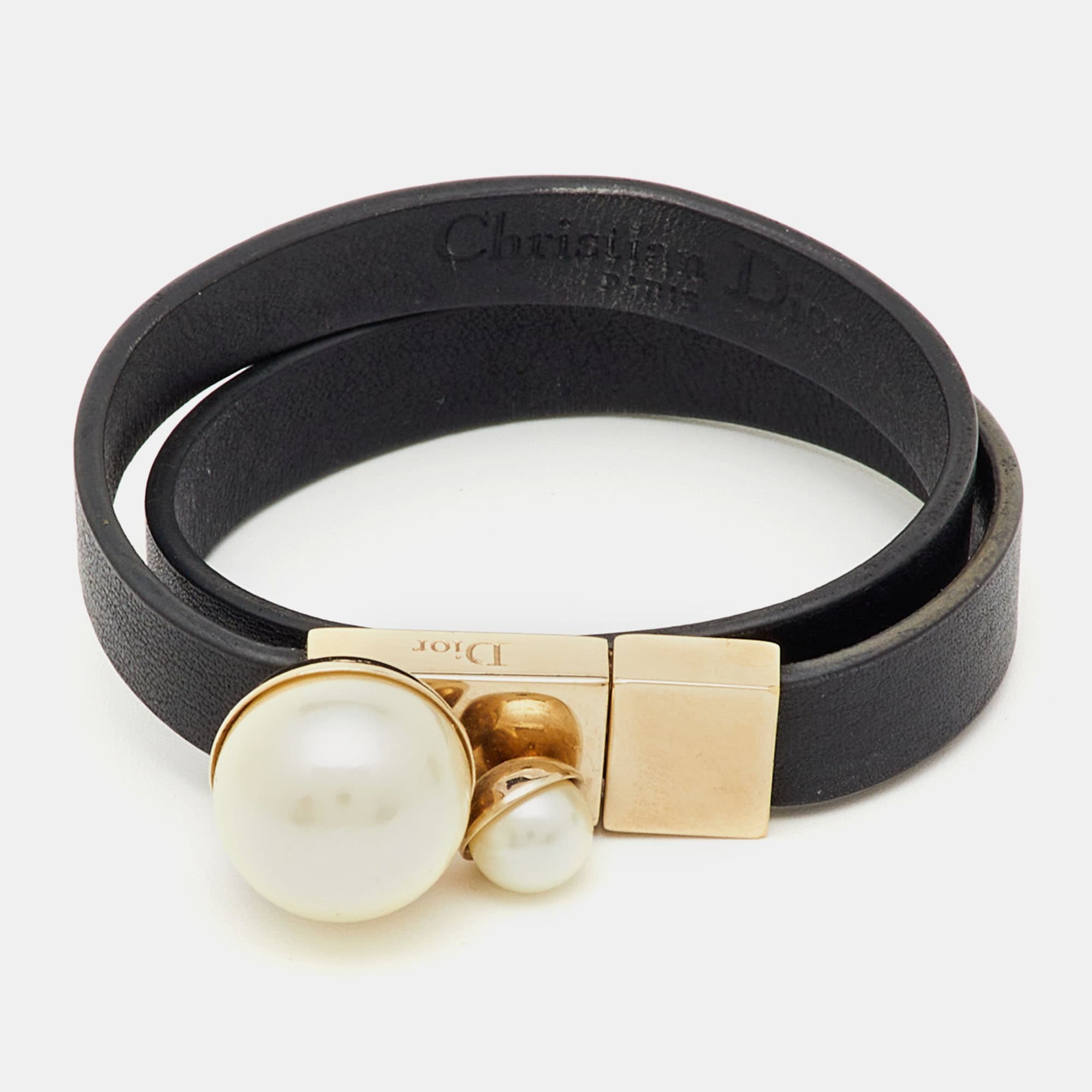 Christian Dior Mise En Dior Black Leather Faux Pearl Gold Tone Double Wrap Bracelet S