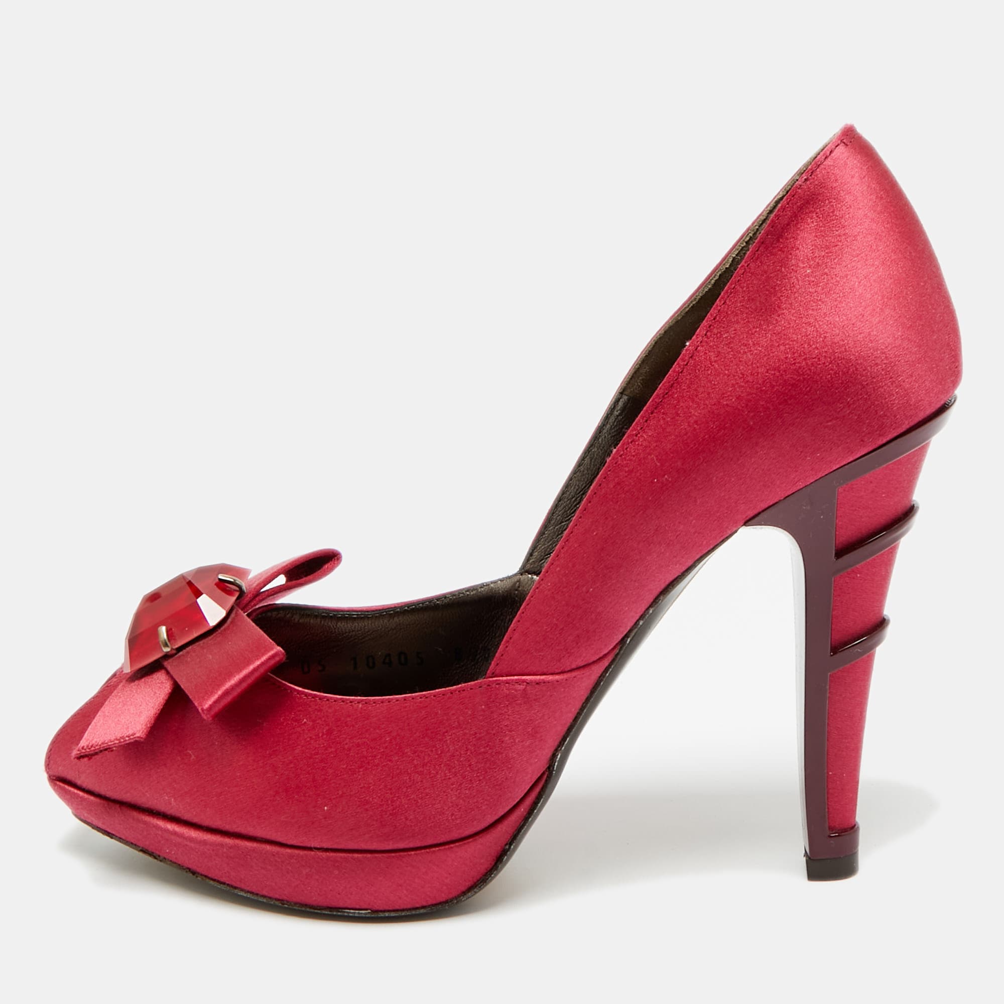 Salvatore Ferragamo Burgundy Satin Crystal Embellished Peep Toe Pumps Size 37