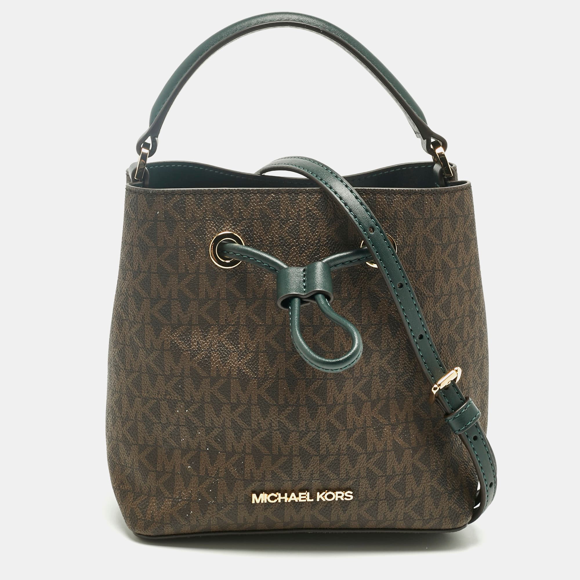 Michael Kors Brown/Dark Green Signature Canvas Suri Drawstring Bucket Bag