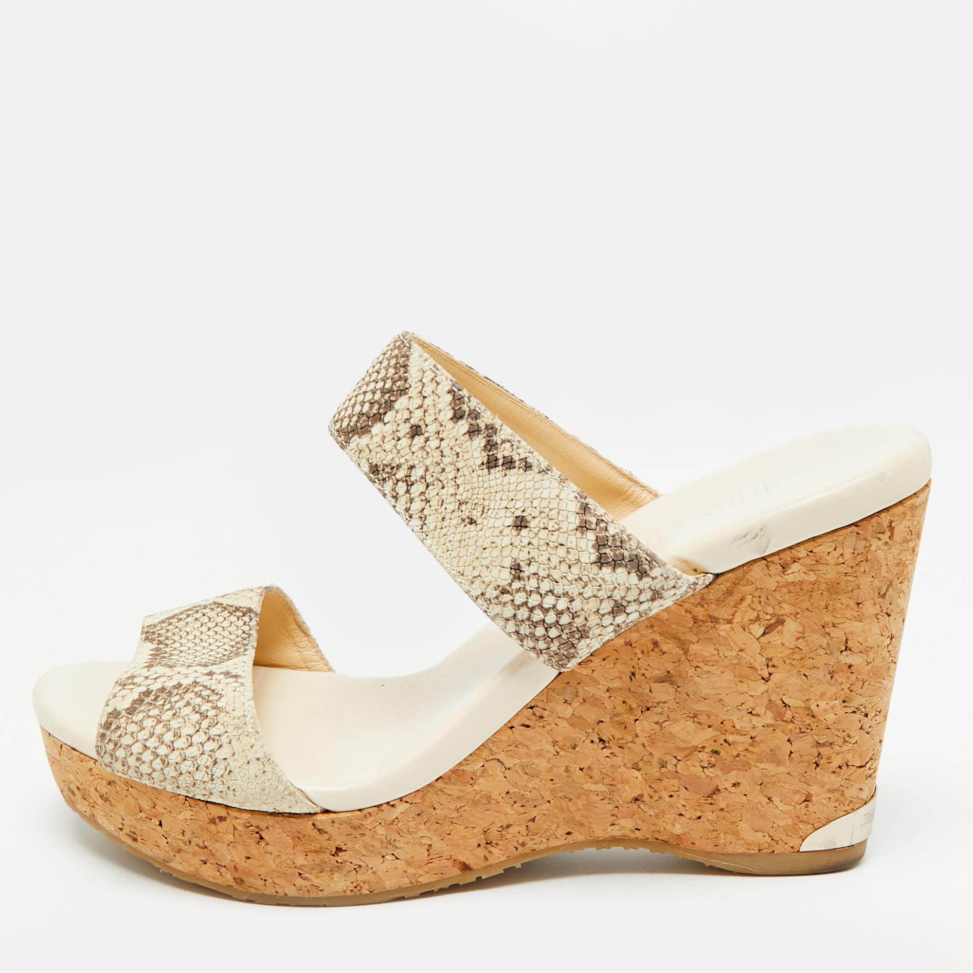 Jimmy Choo Off White/Grey Snakeskin Embossed Leather Cork Platform Wedge Sandals Size 39