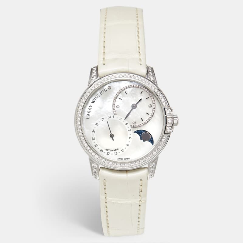 Harry Winston Midnight Date Moon Phase MIDAMP36WW001 Mother Of Pearl Diamond 18K White Gold Alligator Leather Women's Wristwatch 36 mm
