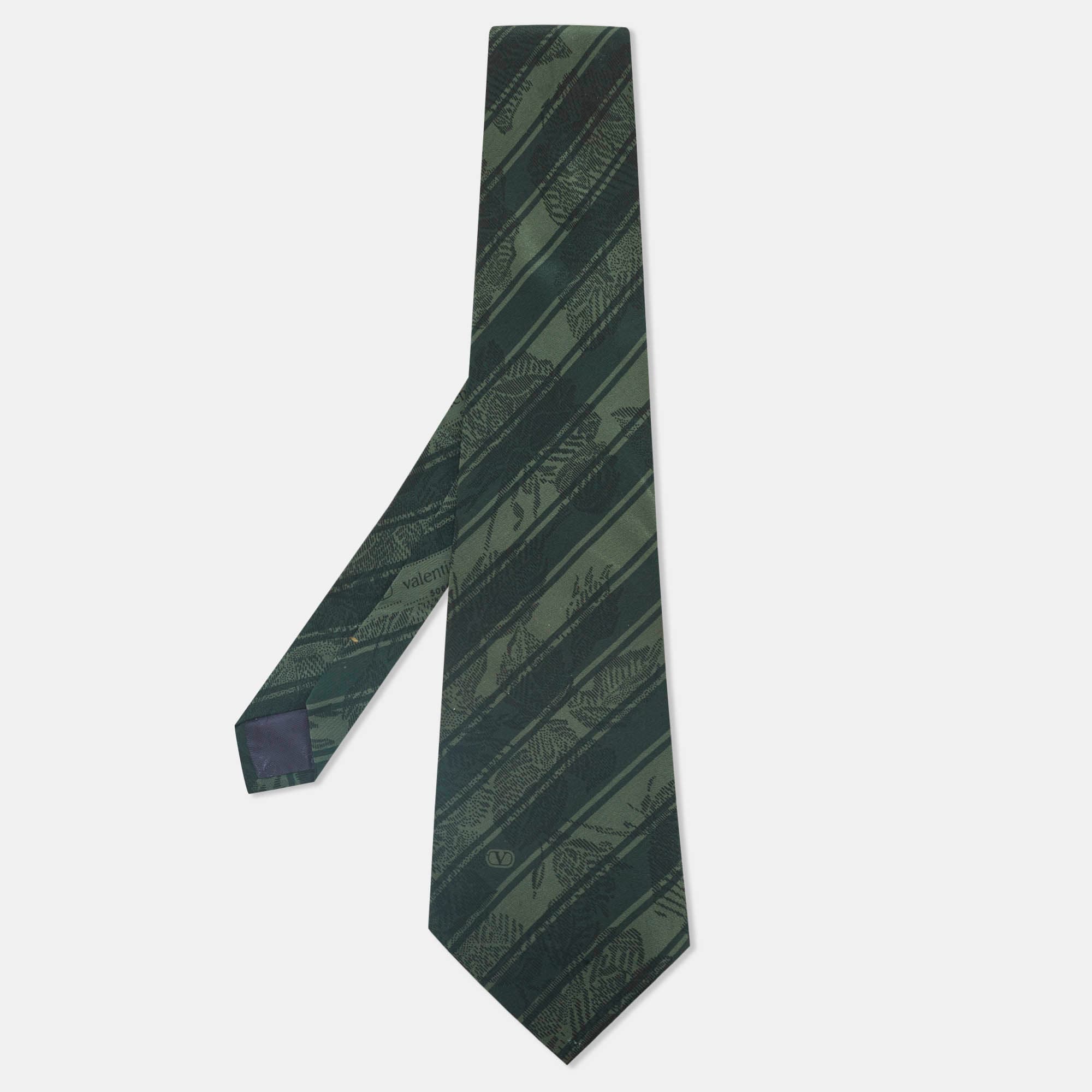 Valentino Vintage Green Printed Silk Traditional Tie
