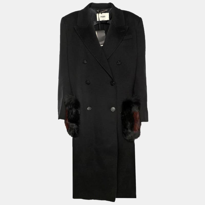 Fendi Black Wool and Fox Fur Trim Double Breasted Midi Coat L