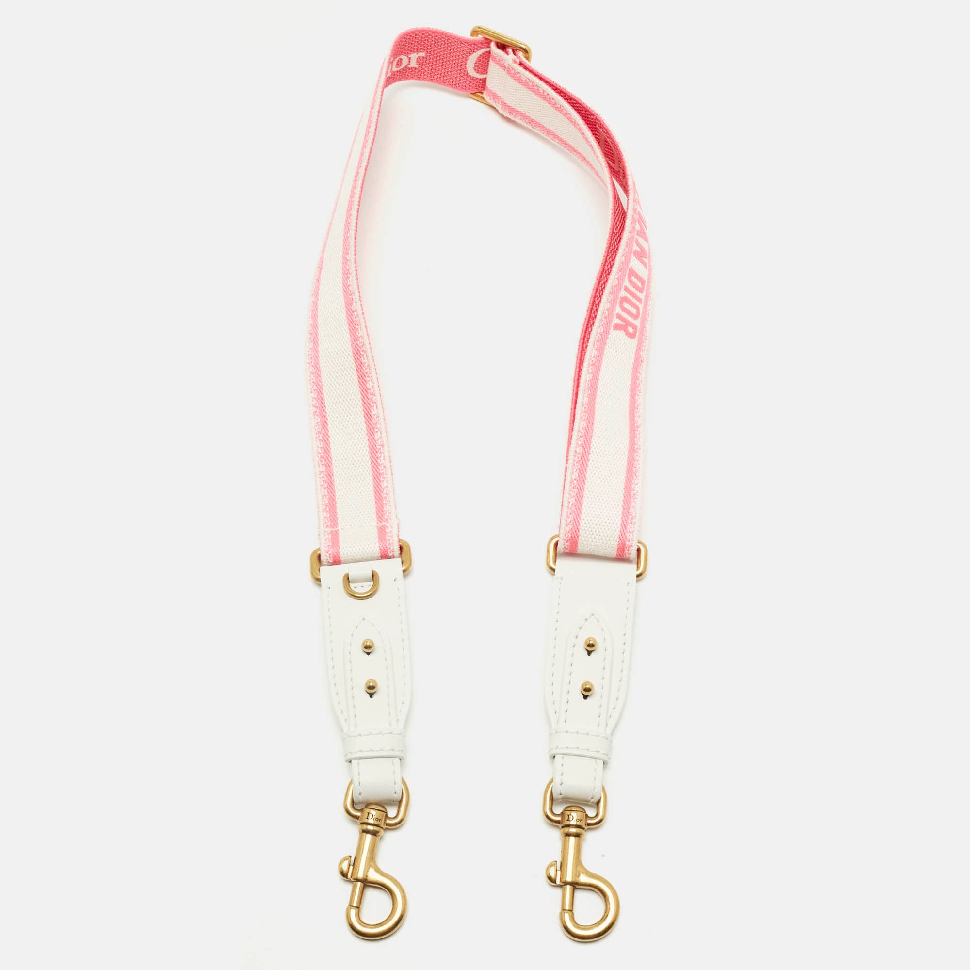 Dior Neon Pink/White Embroidered Canvas and Leather Bag Shoulder Strap