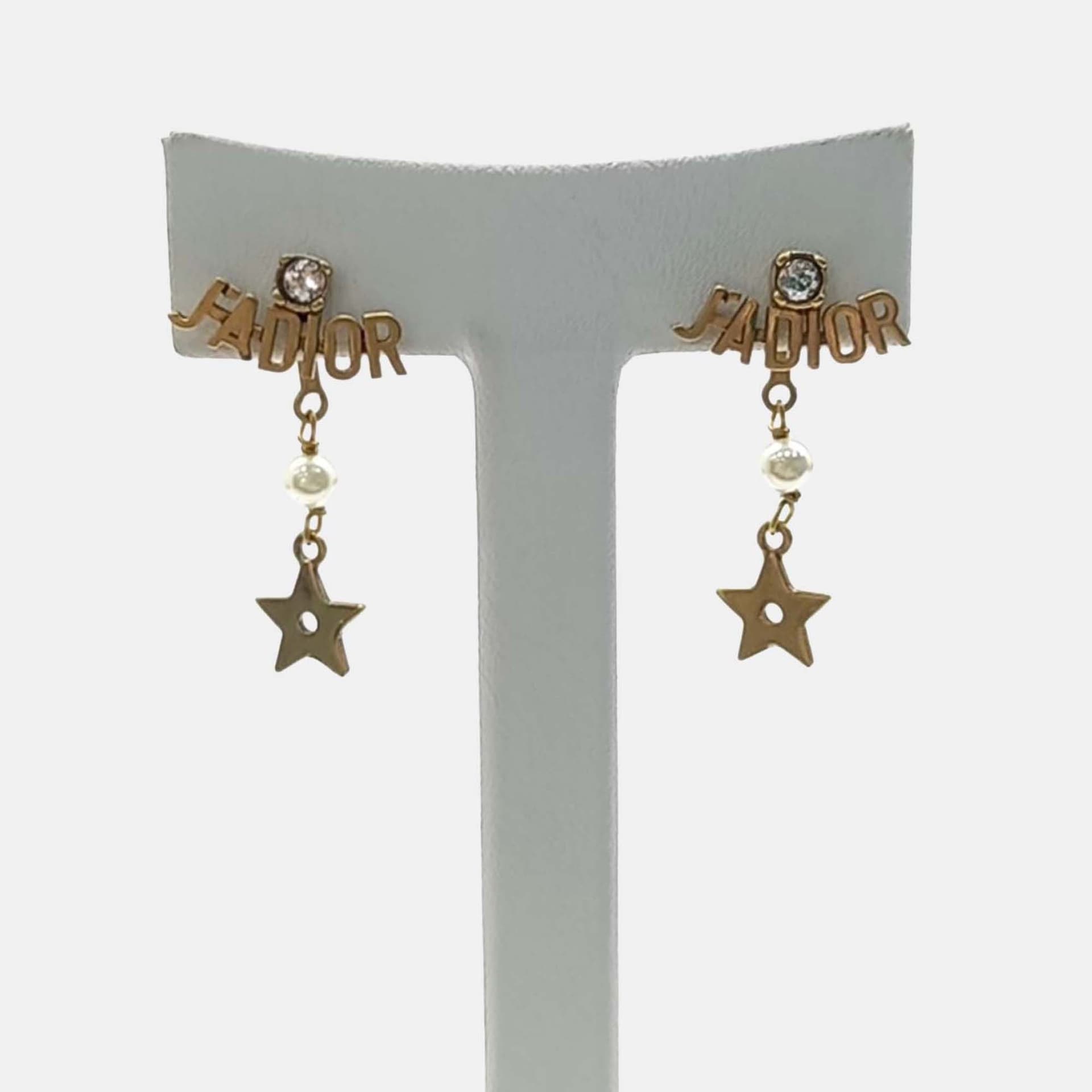 Dior J'Adior Gold -Plated Metal Crystal Faux Pearl Star Drop Women's Earrings
