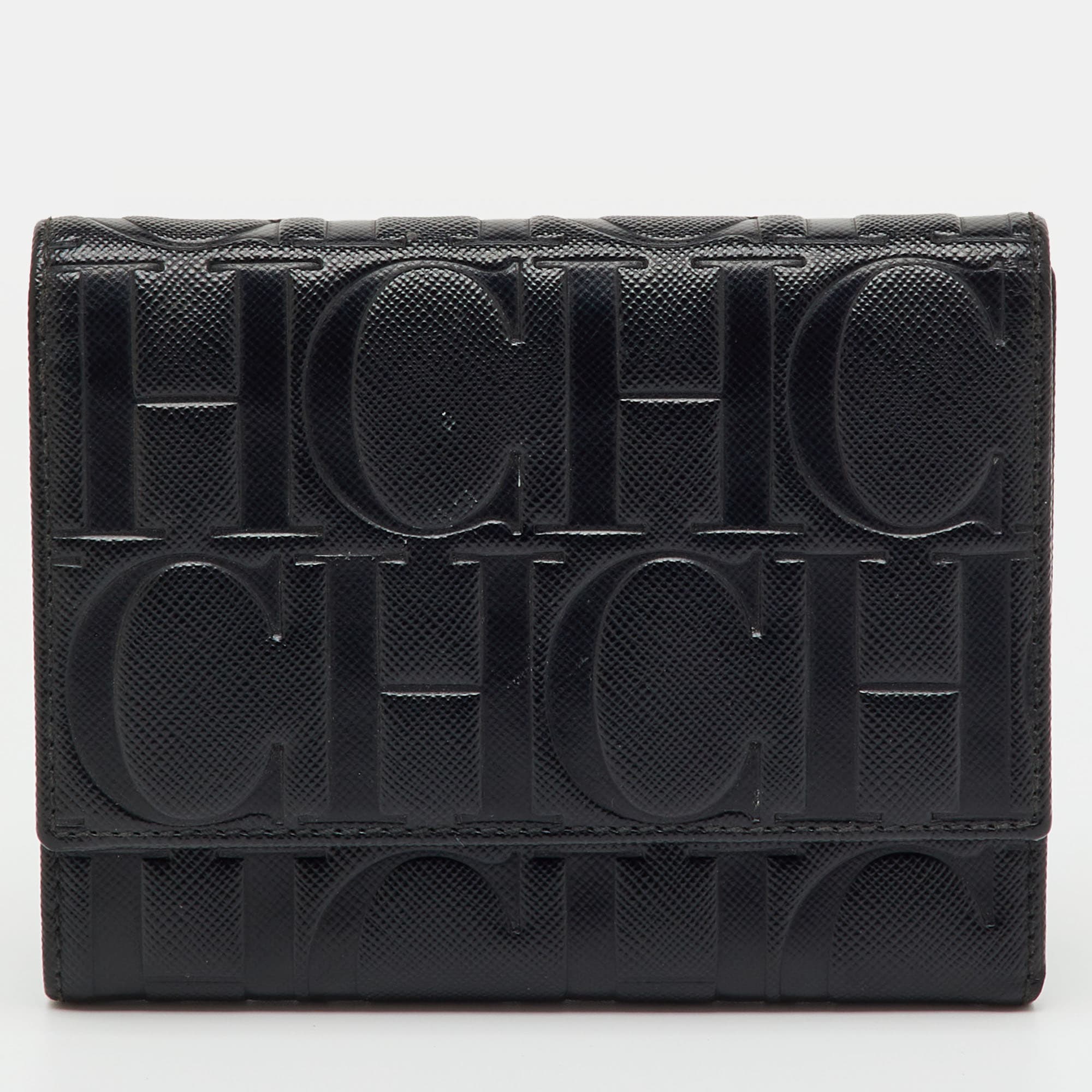 CH Carolina Herrera Black Leather Logo Embossed Trifold Wallet