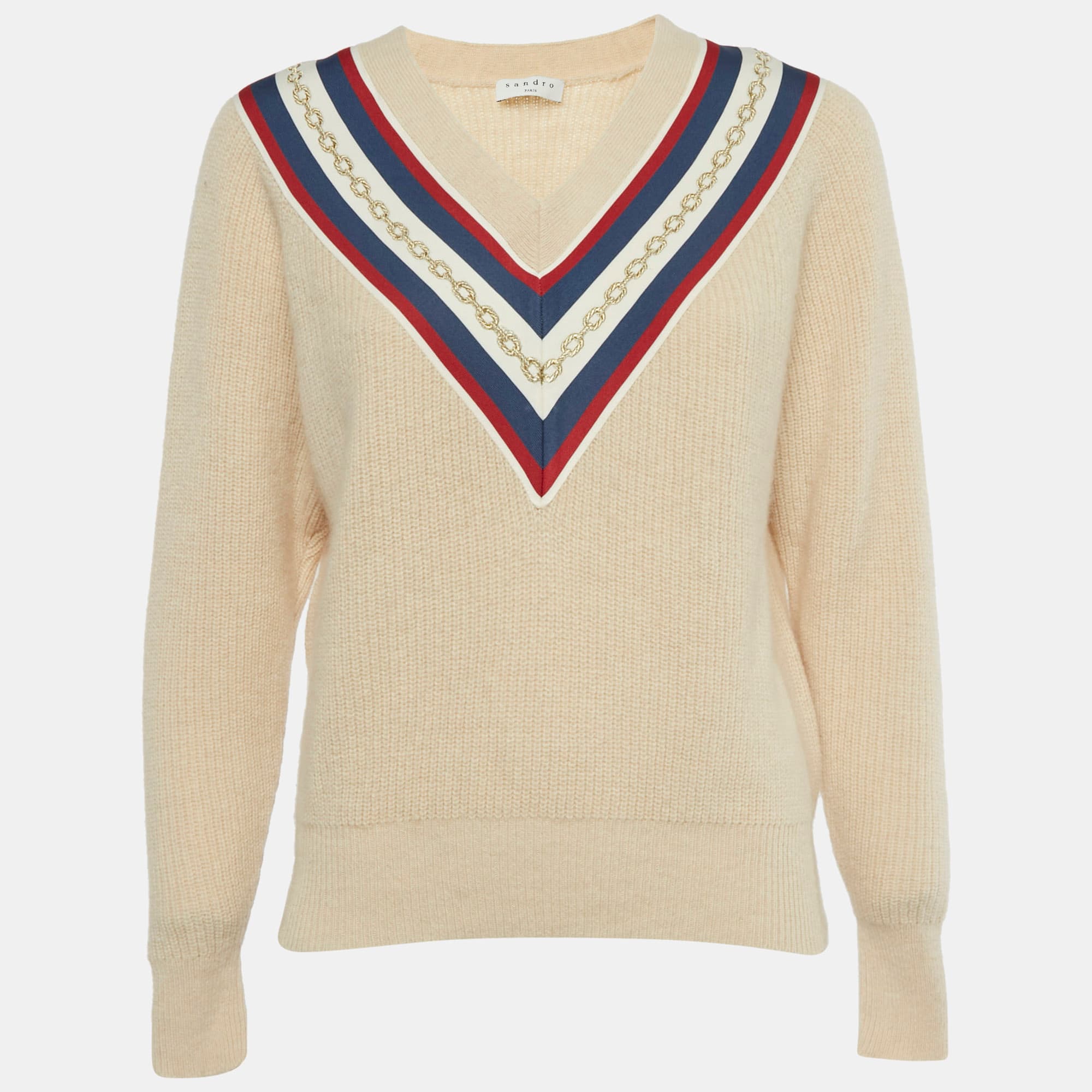 Sandro Beige Applique Rib Knit V-Neck Sweater S