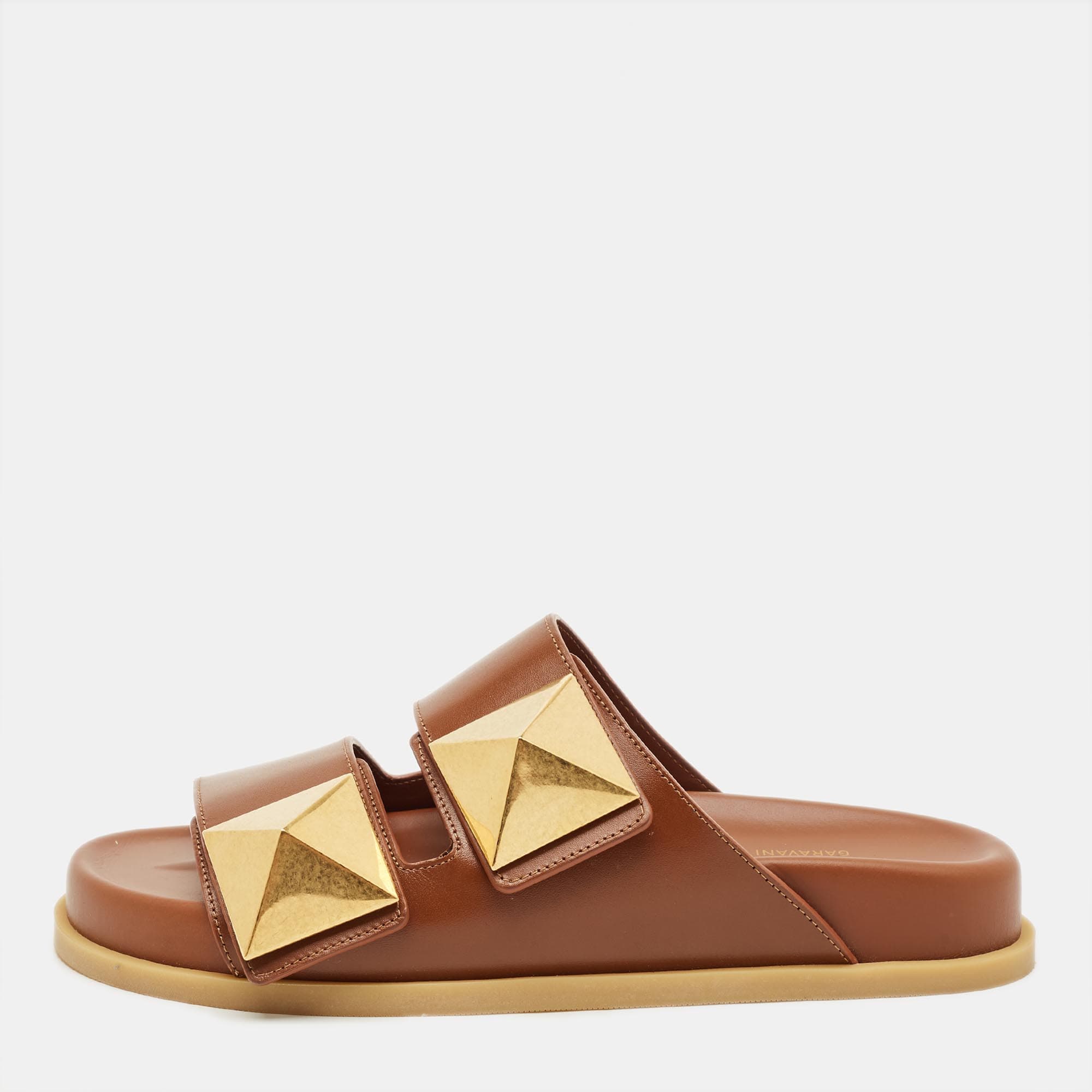 Valentino Brown Leather Roman Stud Flat Slides Size 36