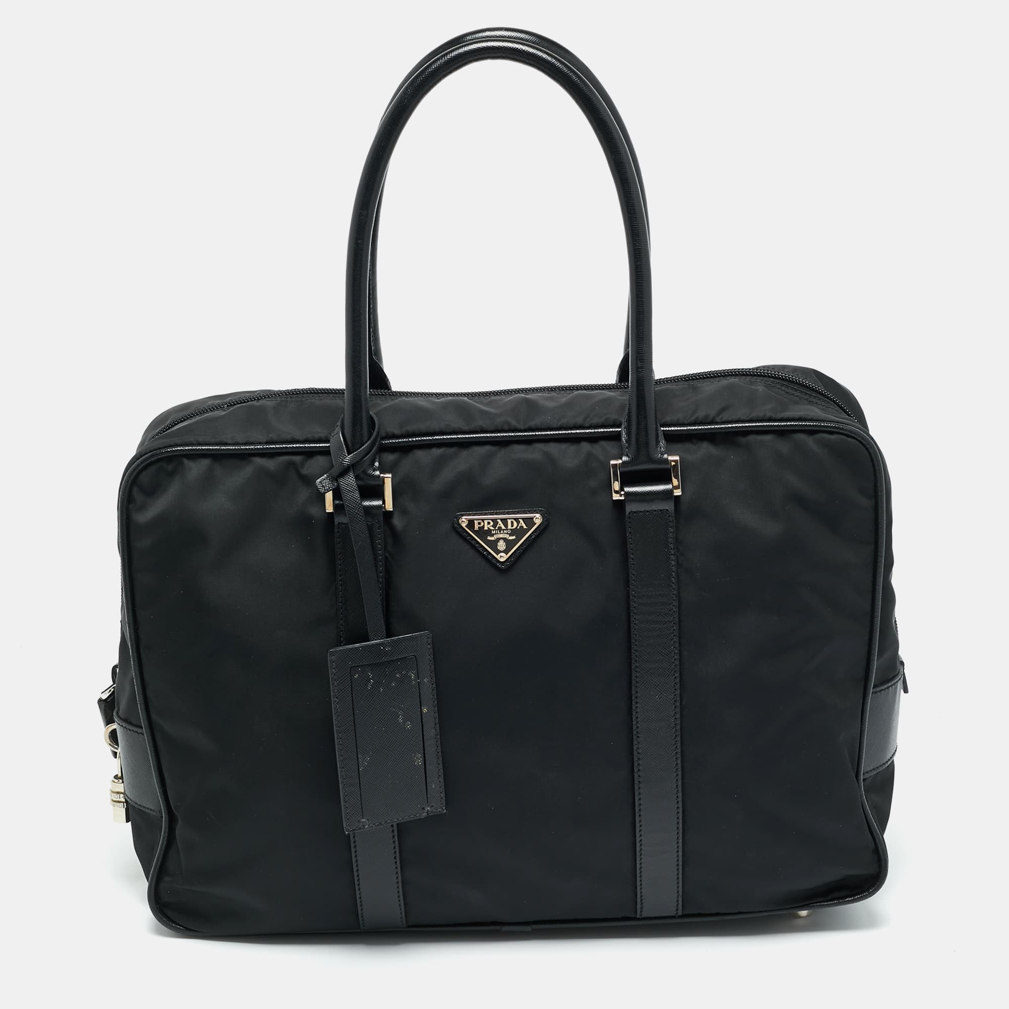Prada Black Saffiano Lux Leather and Nylon Laptop Briefcase Bag