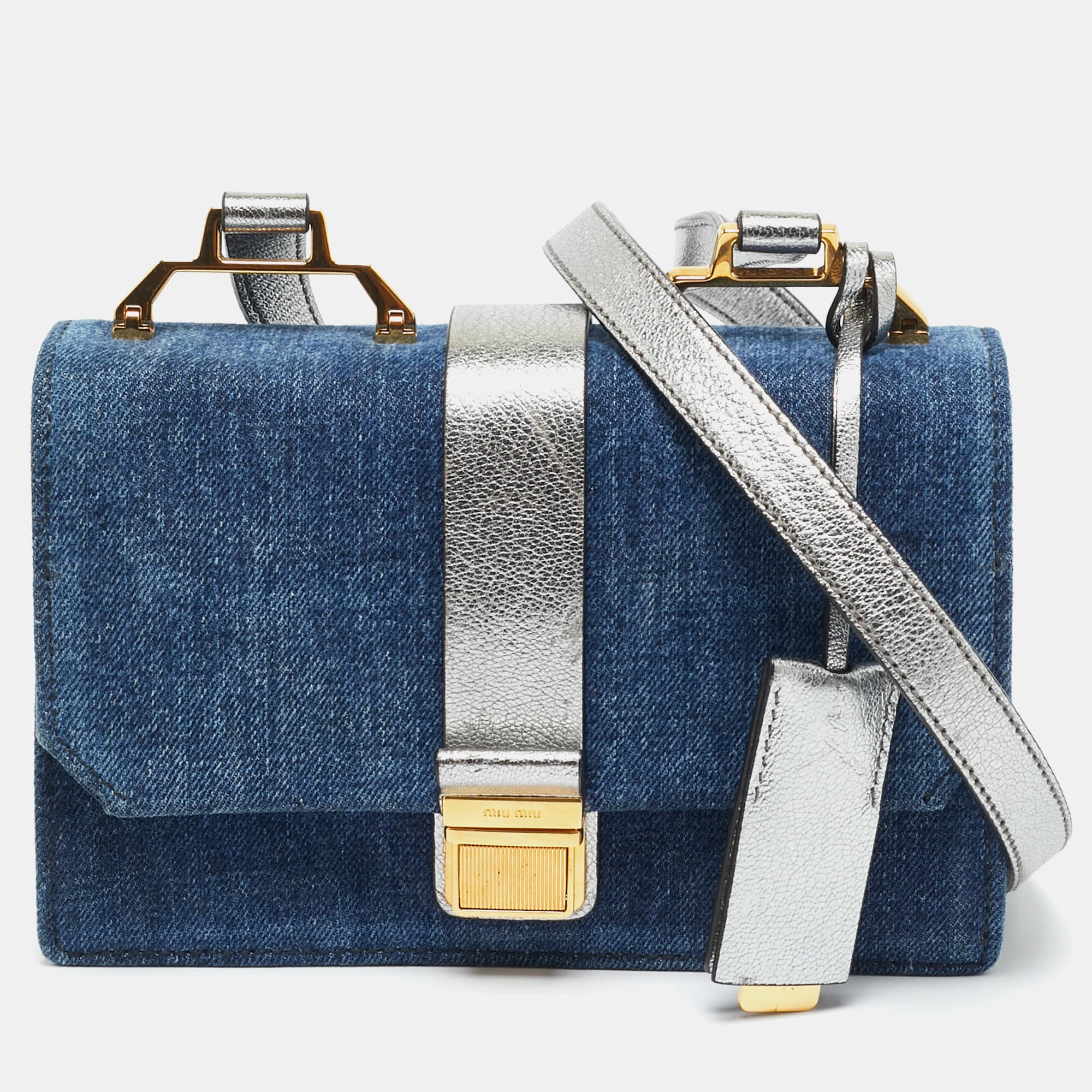 Miu Miu Silver/Blue Denim and Madras Leather Pushlock Top Handle Bag