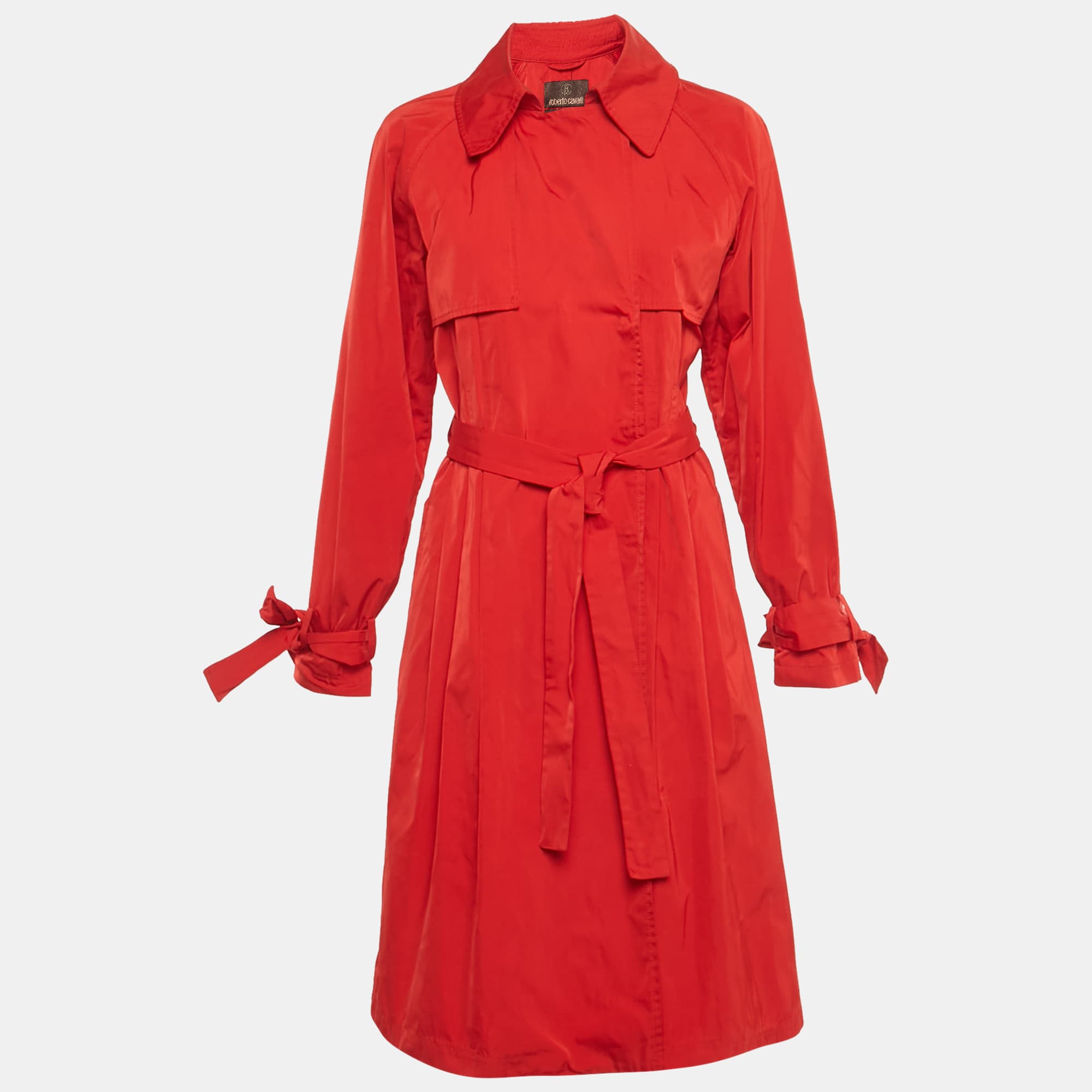 Roberto Cavalli Red Taffeta Belted Trench Coat M