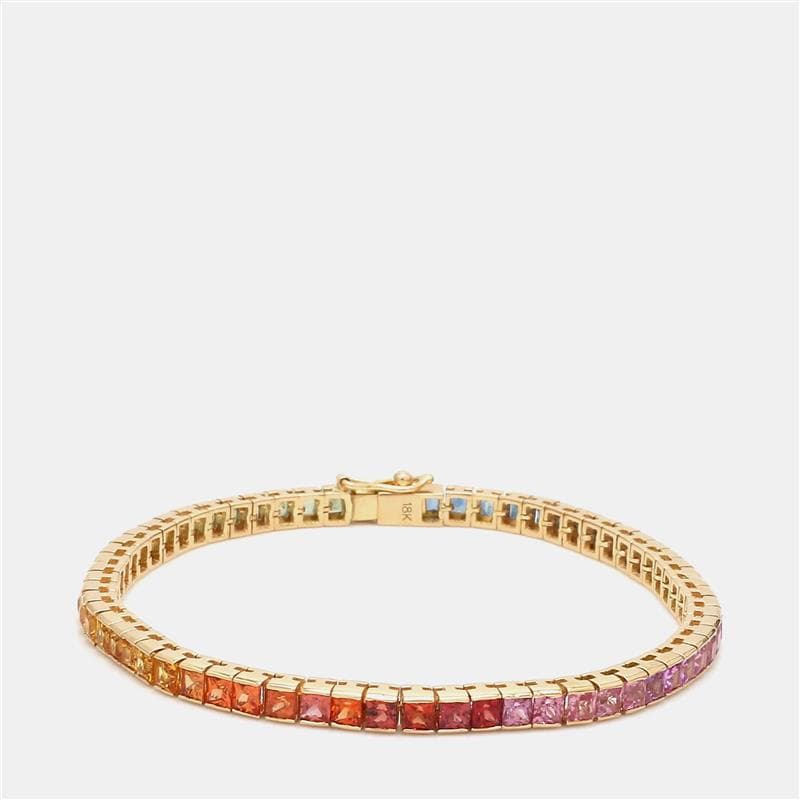 16 cts Rainbow Sapphire Princess Cut Gemstones 18k Yellow Gold Tennis Bracelet