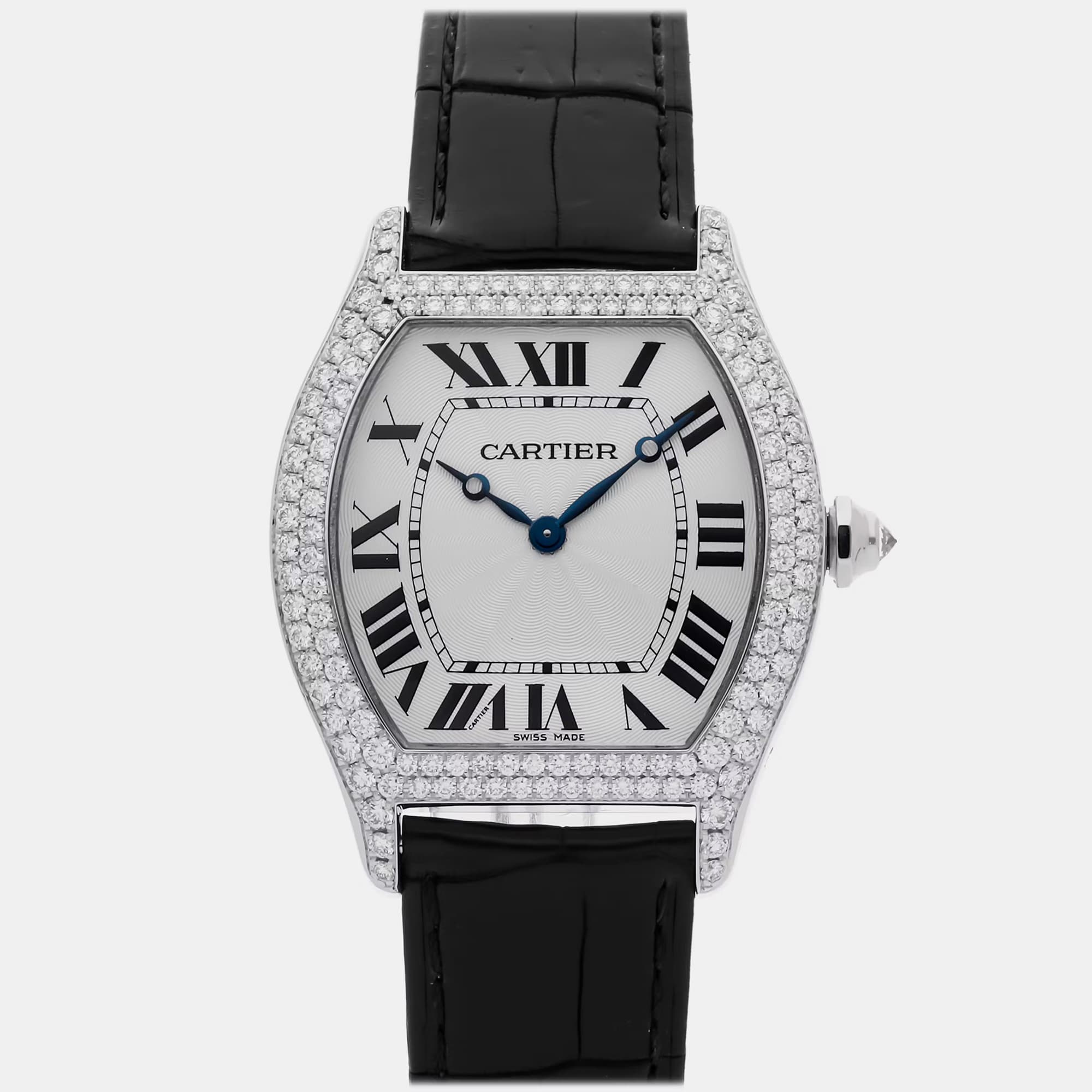 Cartier Tortue WA503851 Manual Winding Silver Dial 18k White Gold Women's Wristwatch 34mm