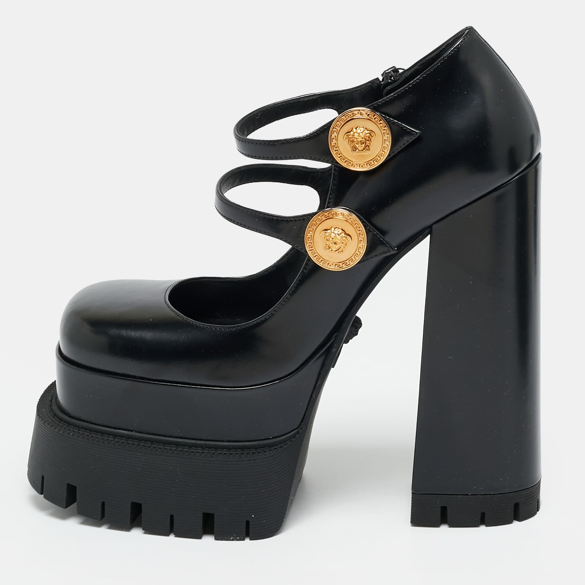Versace Medusa Aevitas Size 39 Black Leather Platform Pumps