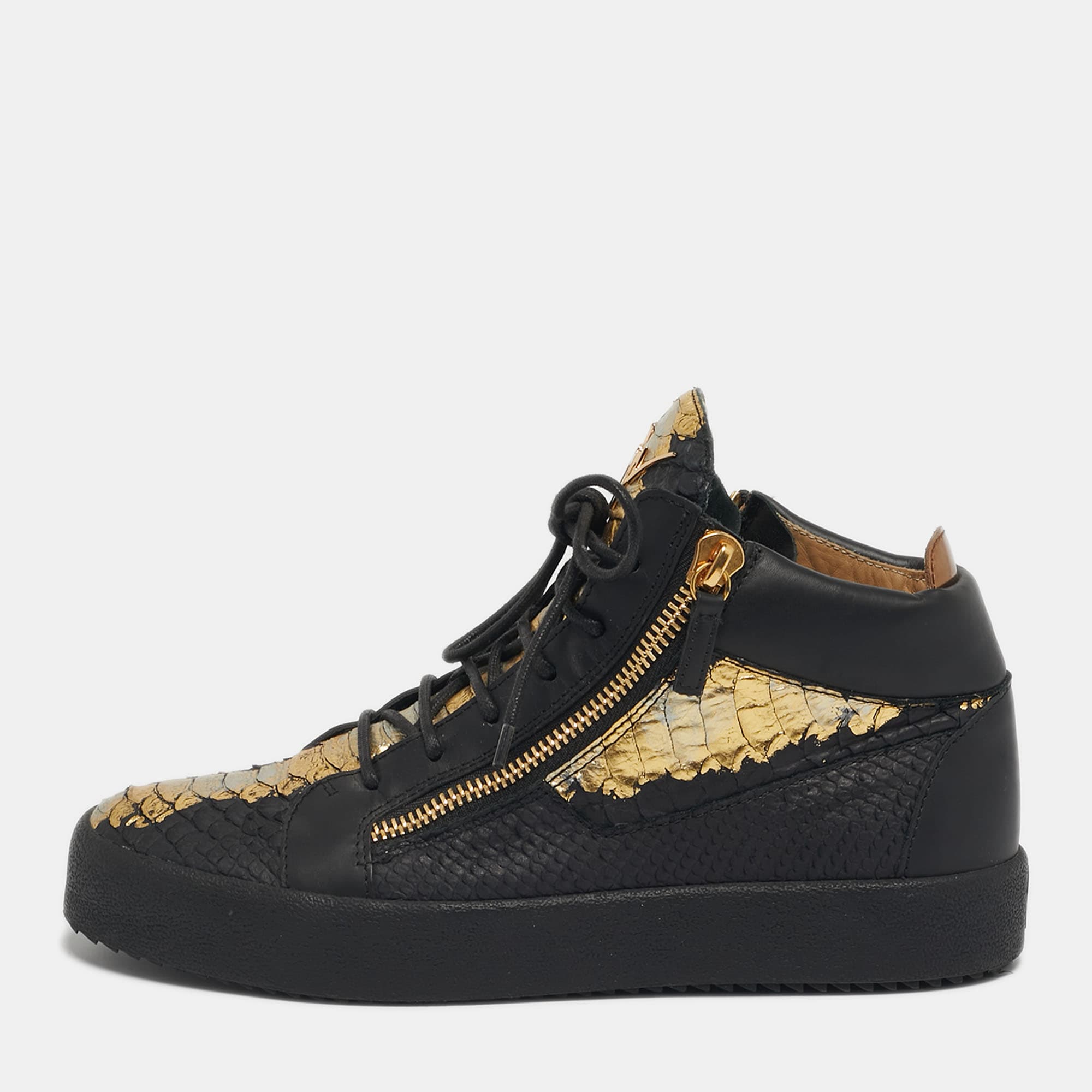 Giuseppe Zanotti London Size 42 Black/Gold Python Embossed Leather Lace Up Sneakers