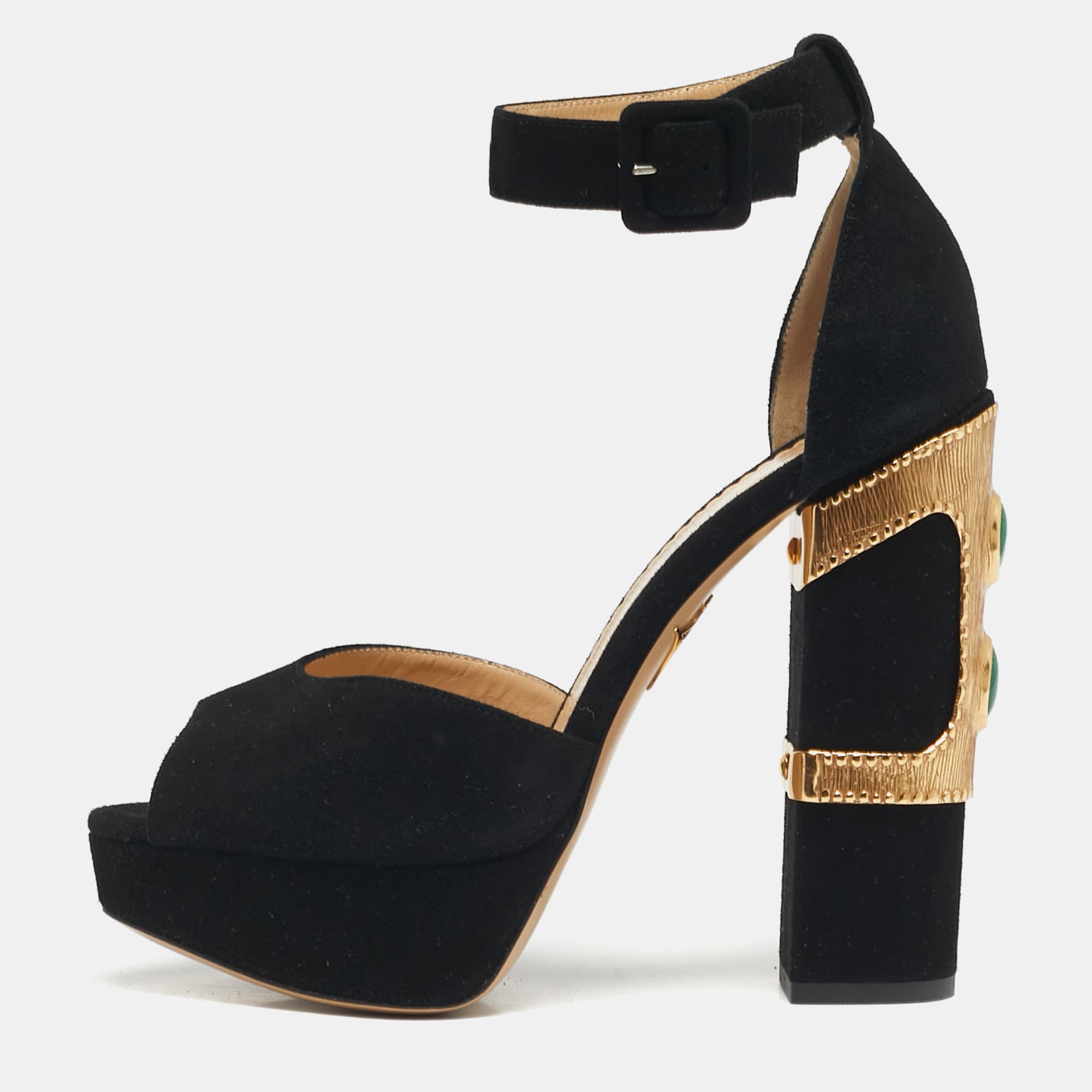 Charlotte Olympia Size 38 Black Suede Embellished Ankle Strap Platform Sandals