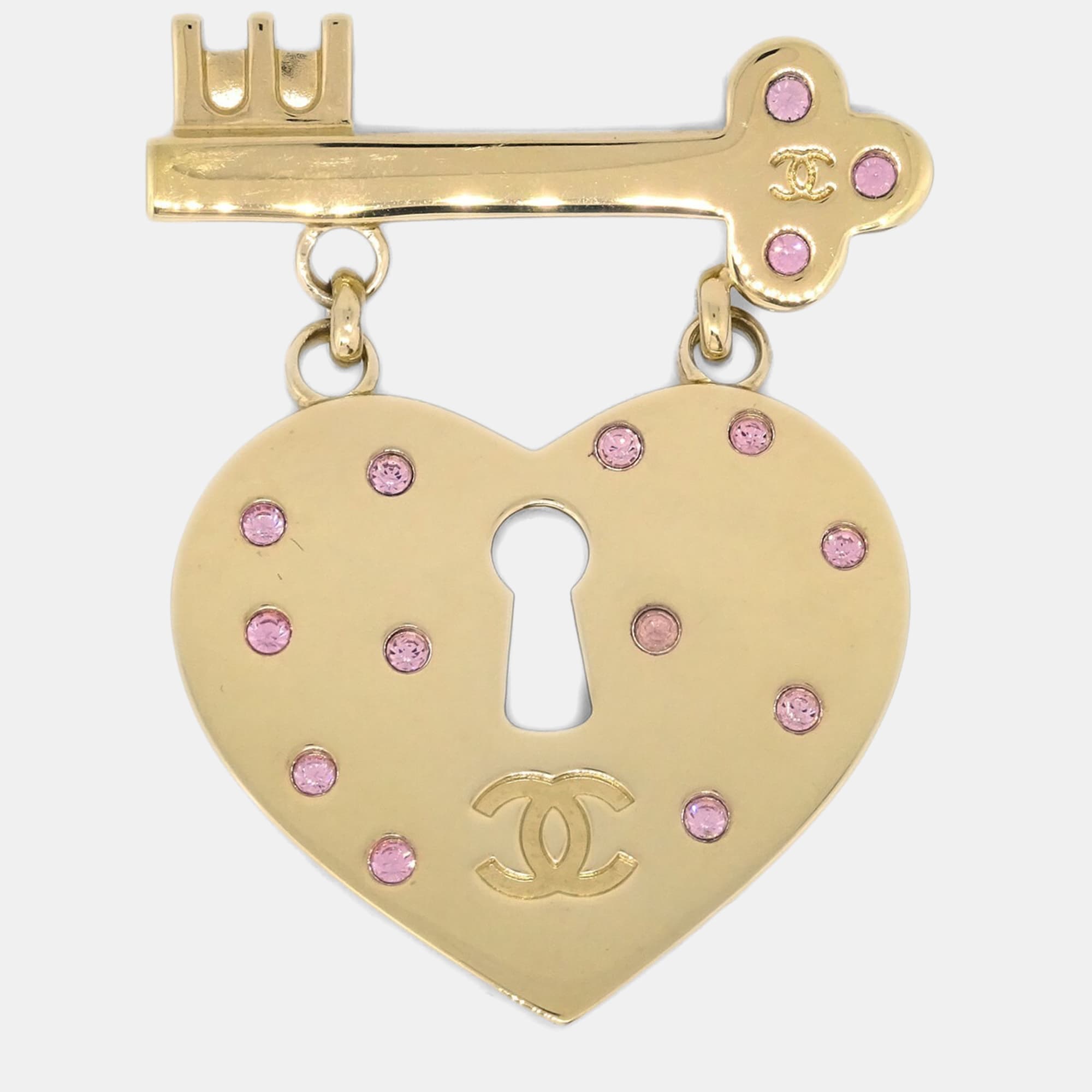 Chanel Heart Rhinestone Brooch Gold