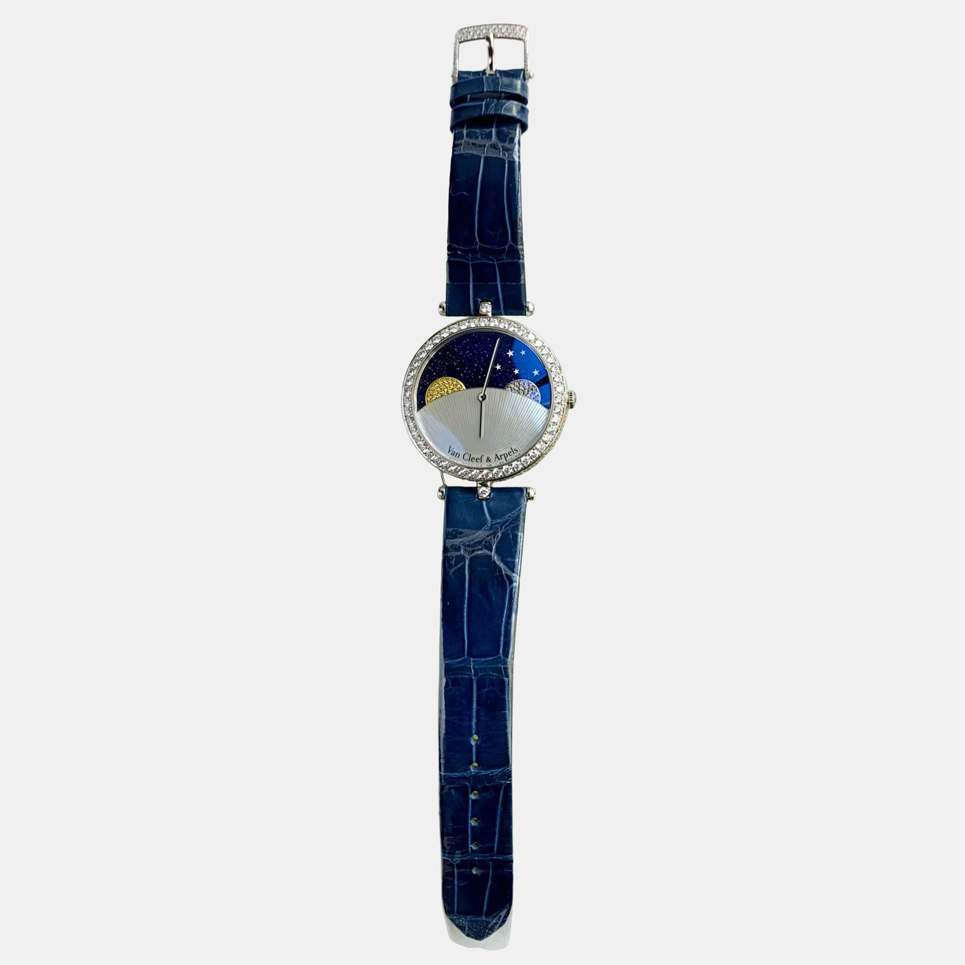 Van Cleef & Arpels Poetic Complications Lady Arpels Jour Nuit VCARN25800 Automatic Blue Dial 18K White Gold Diamond Women's Wristwatch 38mm