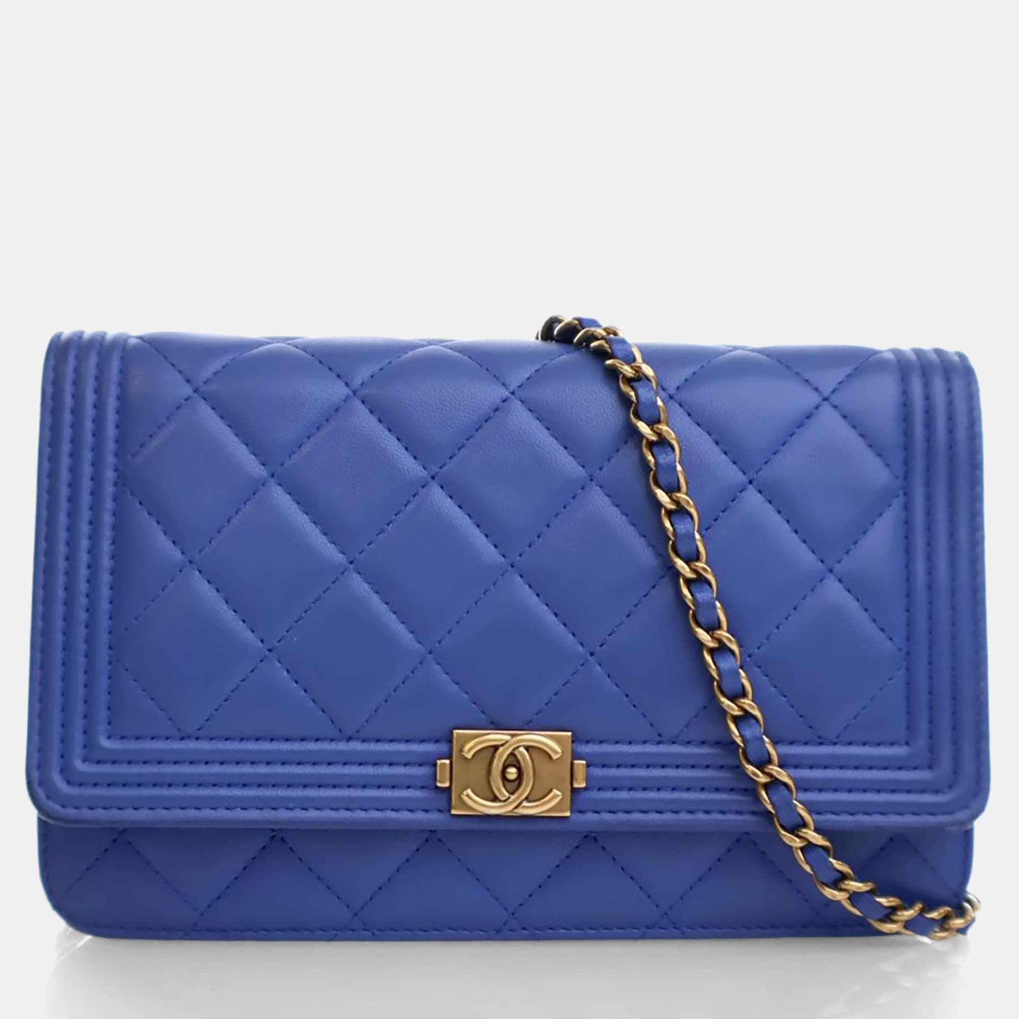 Chanel Blue Lambskin Boy Wallet on Chain (WOC)