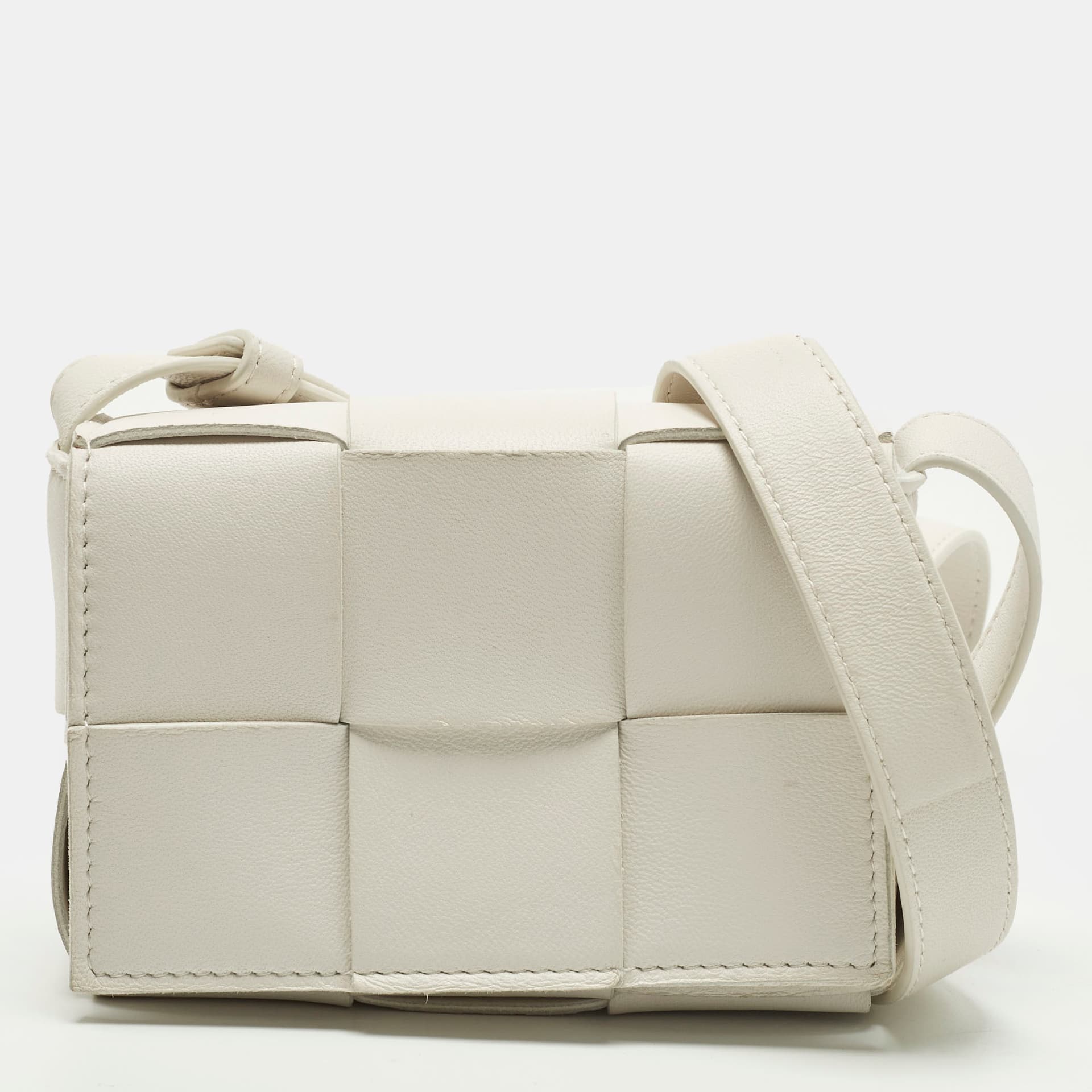 Bottega Veneta Cassette Mini White Intrecciato Leather Crossbody Bag