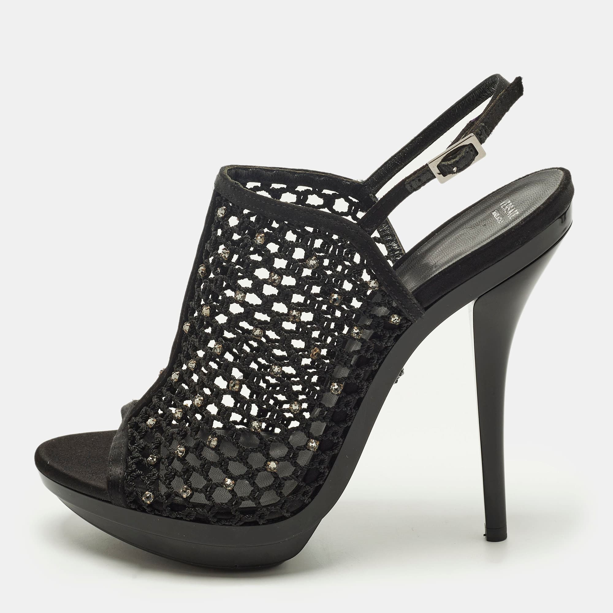 Versace Size 40 Black Mesh and Satin Rhinestone Embellished Open Toe Ankle Strap Sandals