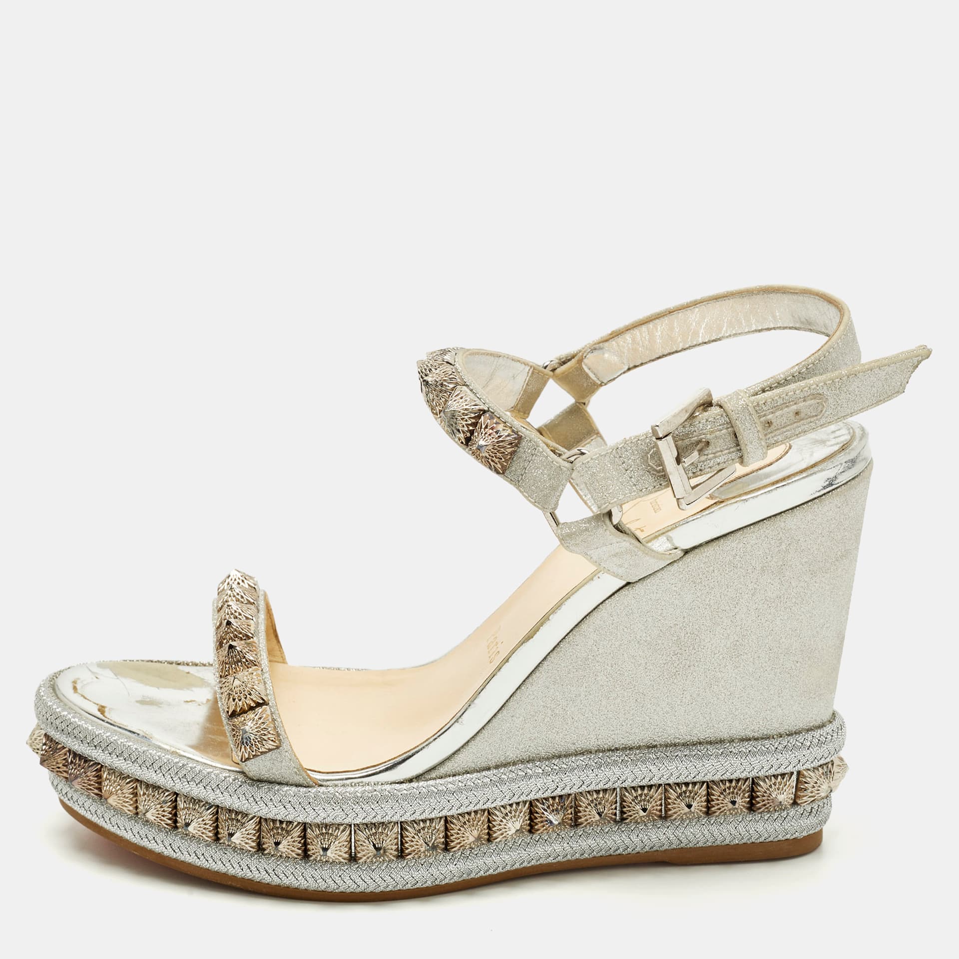 Christian Louboutin Pyraclou Size 38 Silver Glitter and Leather Wedge Sandals