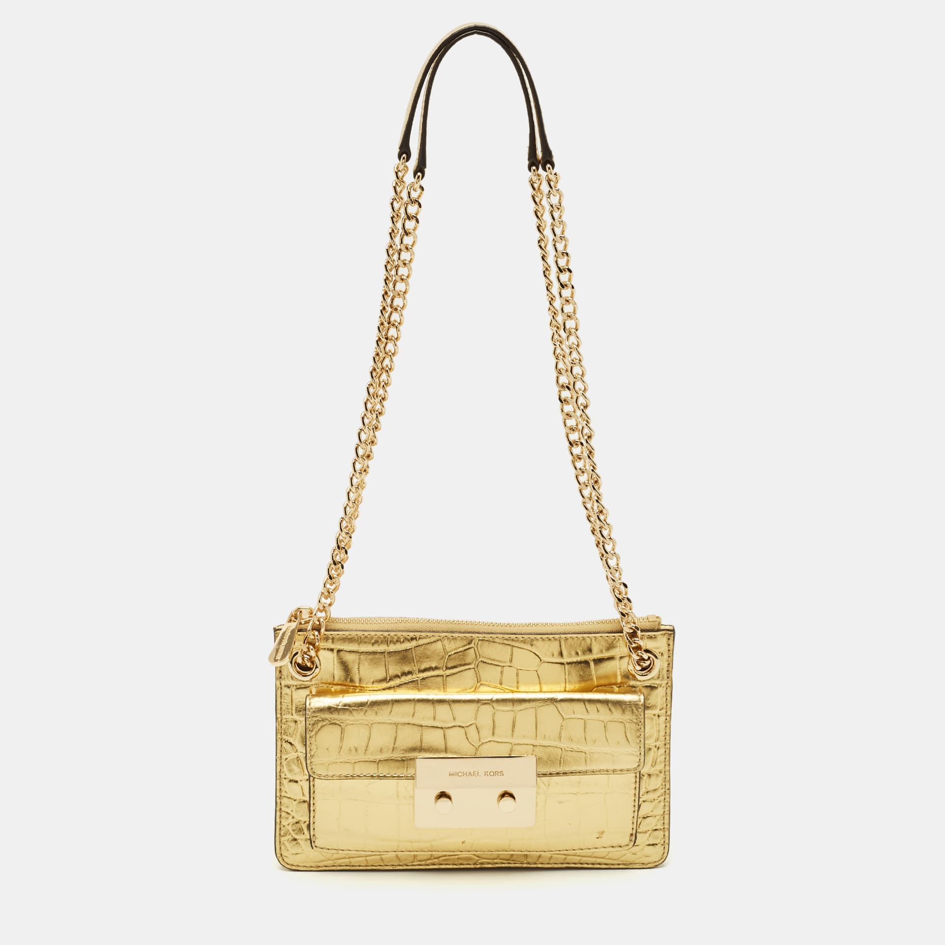 MICHAEL Michael Kors Flat Sloan Gold Croc Embossed Leather Shoulder Bag
