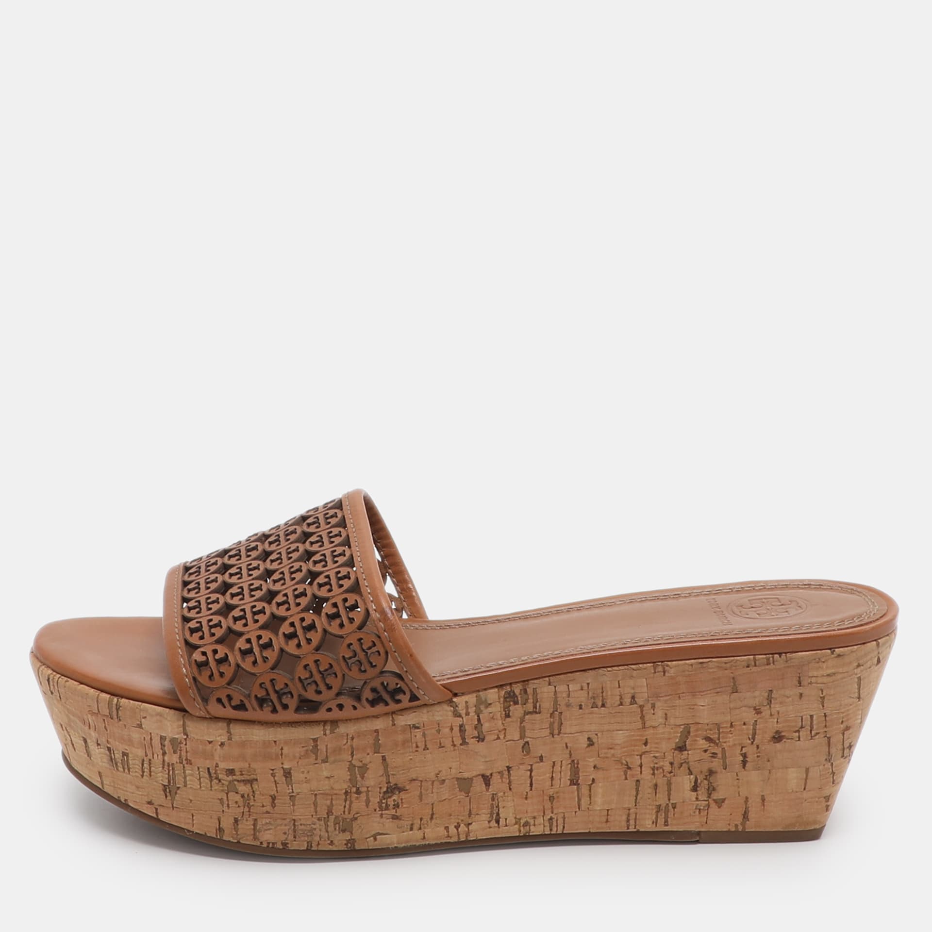 Tory Burch Elaine Size 40 Brown Laser Cut Leather Platform Slide Sandals