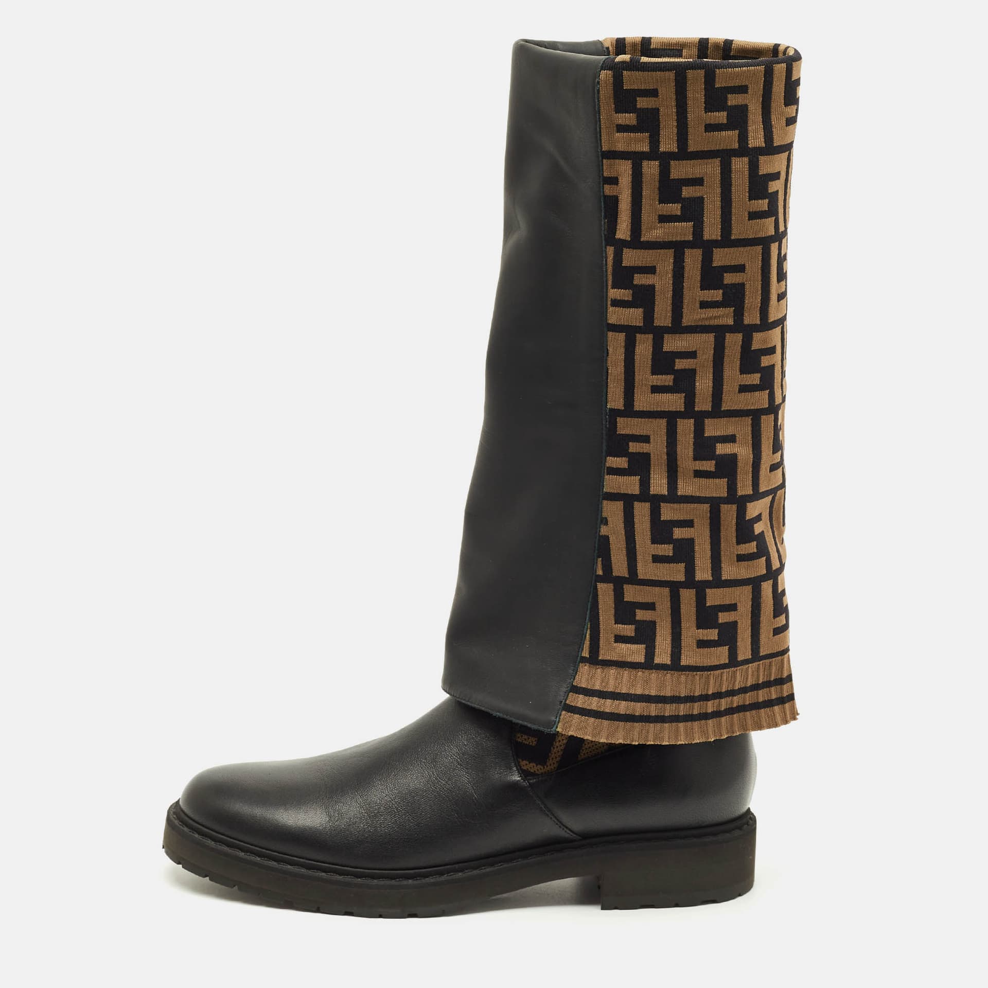 Fendi Sock Size 40 Black/Brown Zucca Fabric and Leather Over The Knee Boots