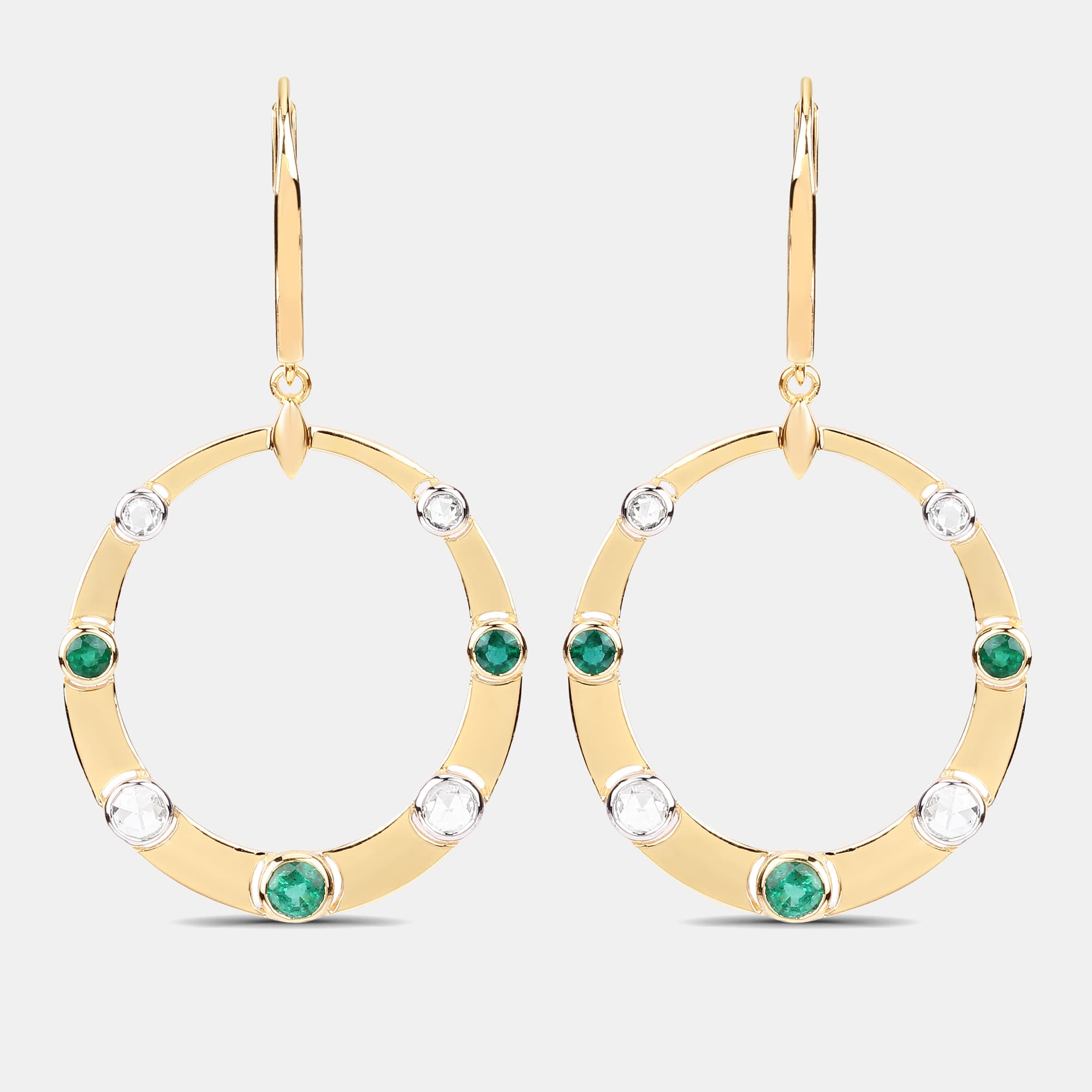 0.96 cts Emerald and Diamond 14K Yellow Gold Dangle Earrings