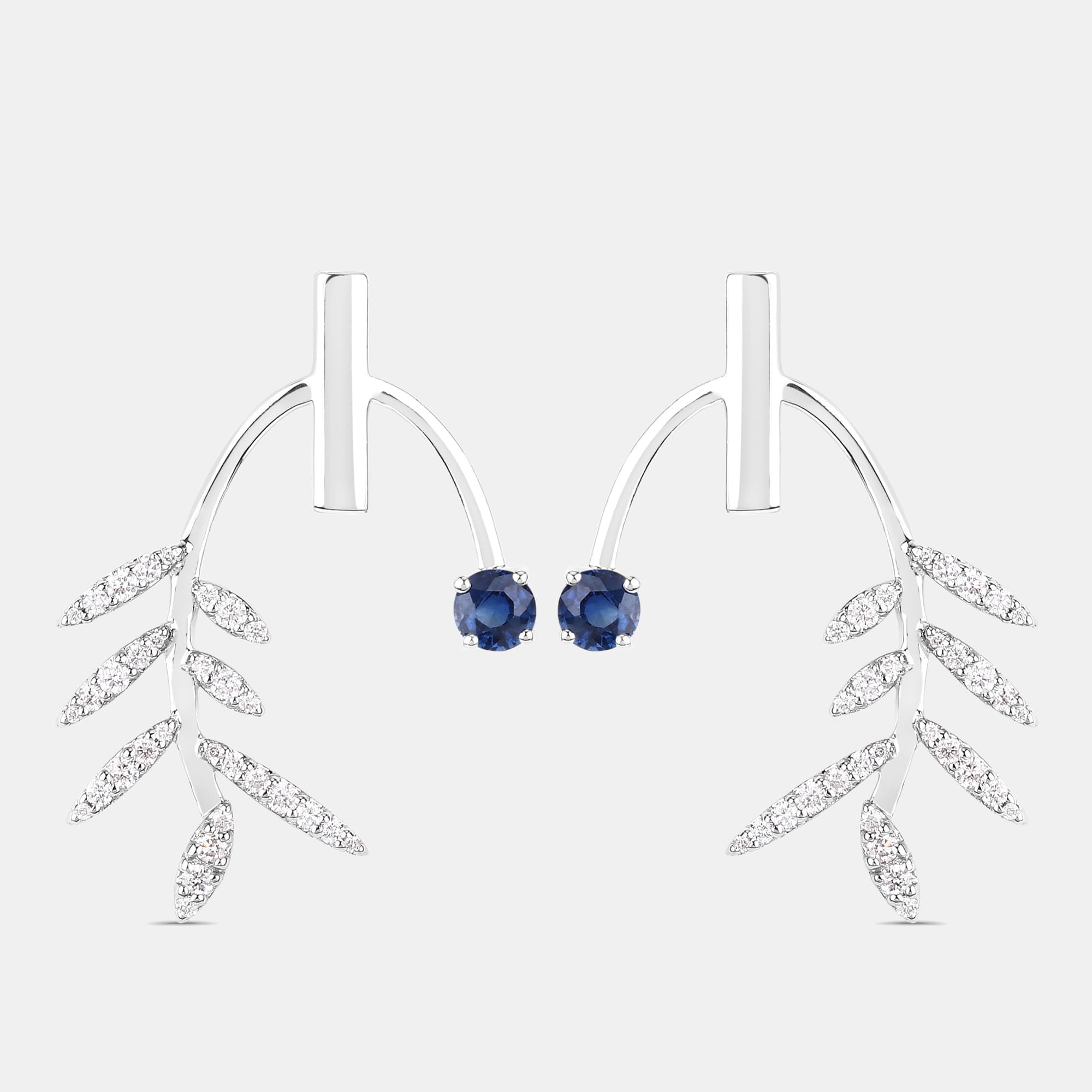0.75 cts Blue Sapphire and Diamond 14K White Gold Laurel Vine Earrings