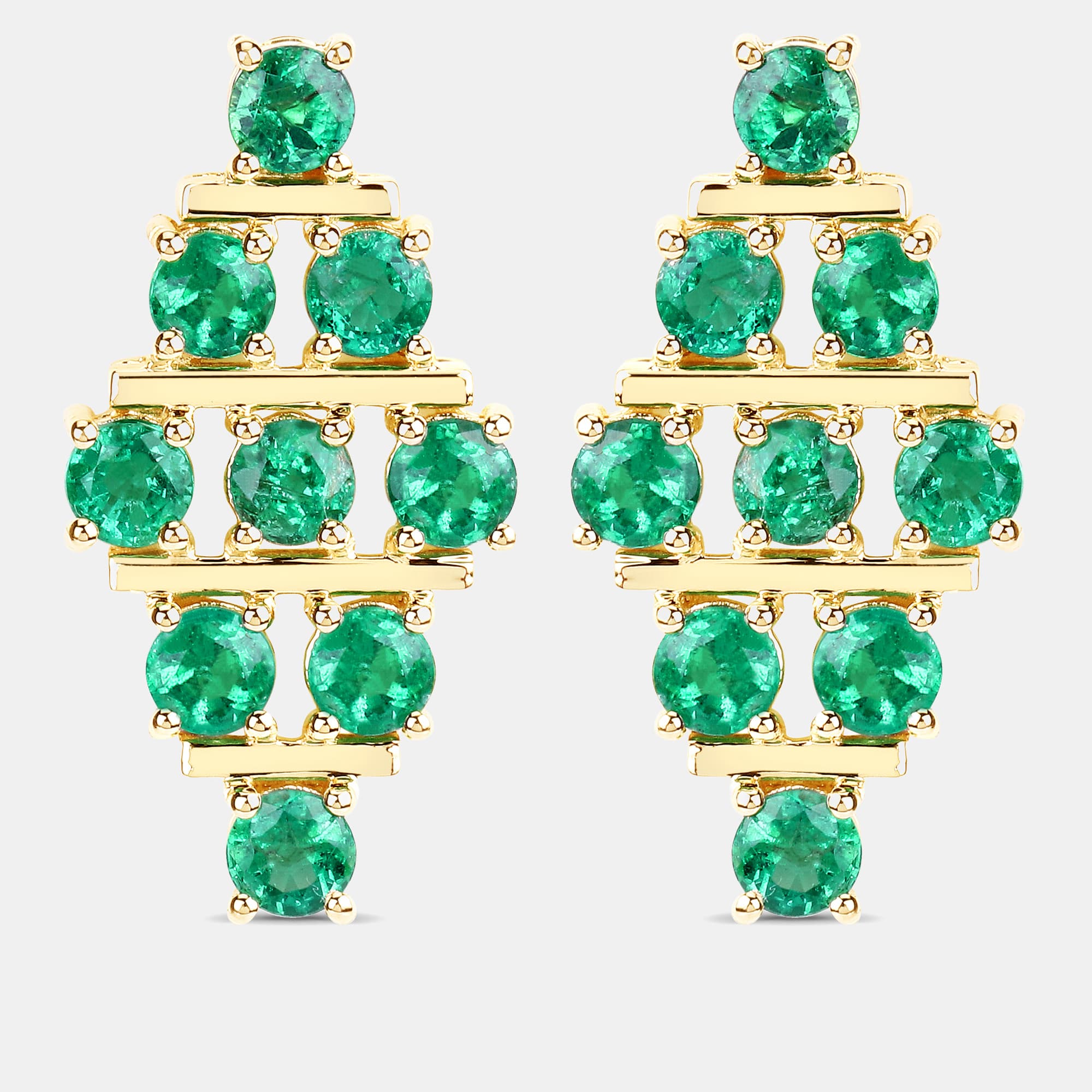 4.45 cts Emerald 14K Yellow Gold Multi-Row Cluster Earrings