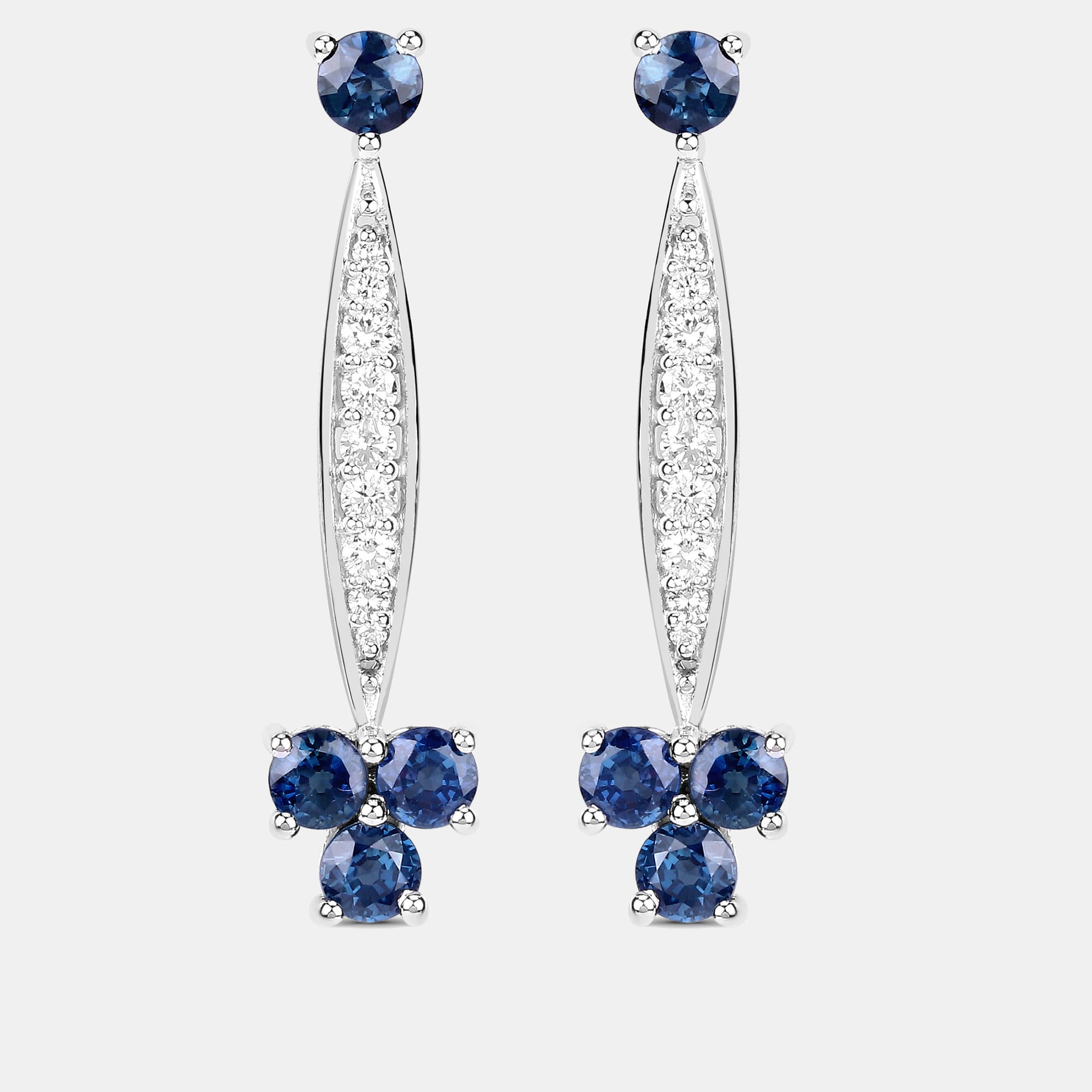 2.14 cts Blue Sapphire and Diamond 14K White Gold Drop Earrings