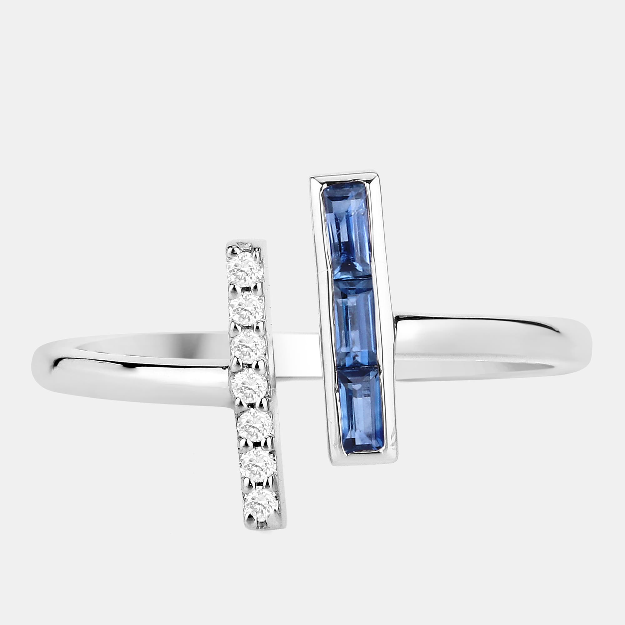 0.25 cts Blue Sapphire and Diamond 14K White Gold Bypass Bar Ring US Size 7