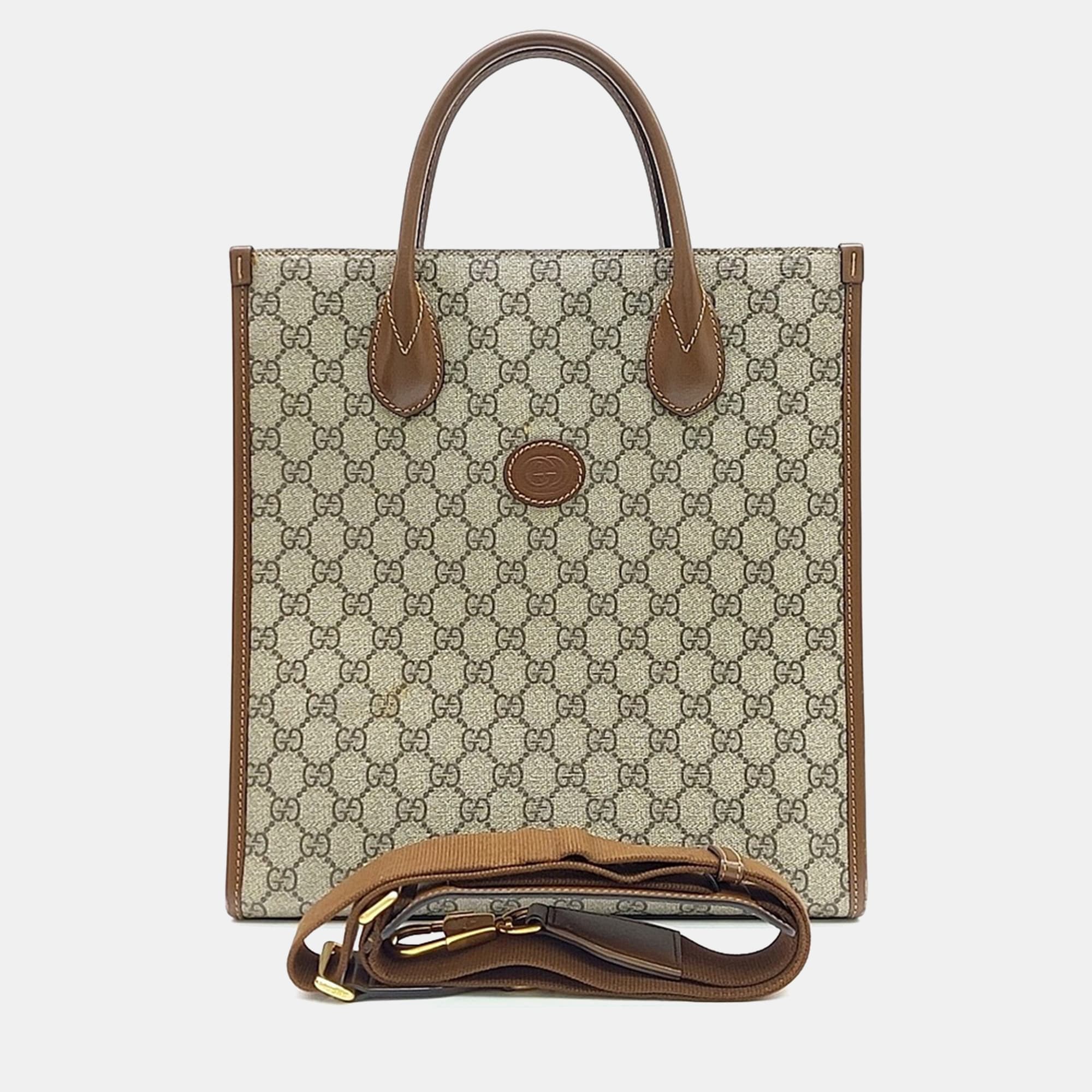 Gucci Beige Brown PVC Interlocking G Tote and Shoulder Bag