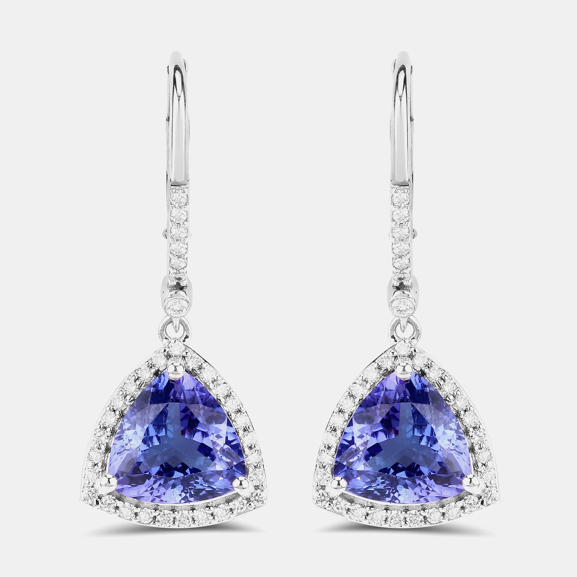 4.24 cts Tanzanite and Diamond 14K White Gold Dangle Earrings