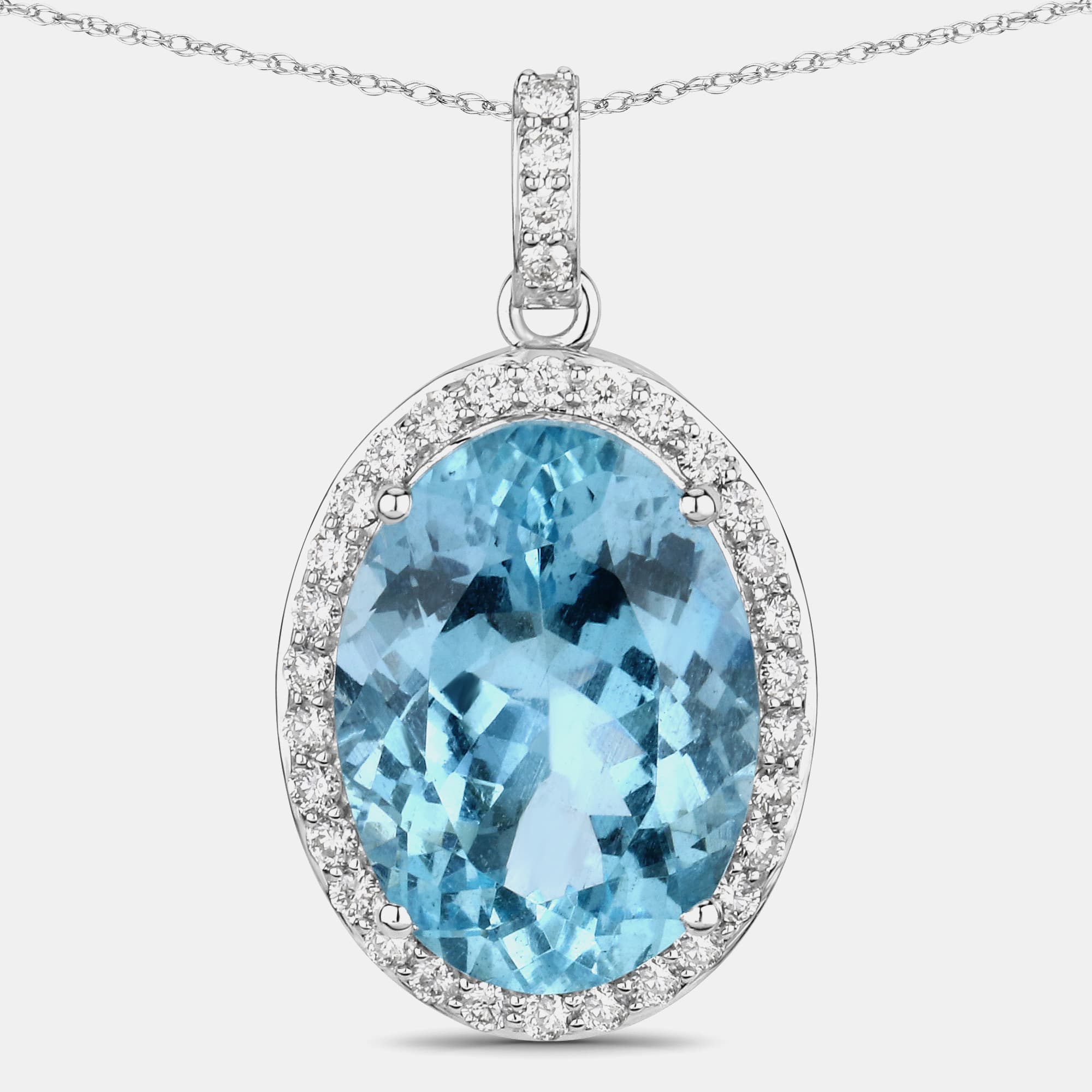 9.11 cts Aquamarine and Diamond 14K White Gold Halo Pendant