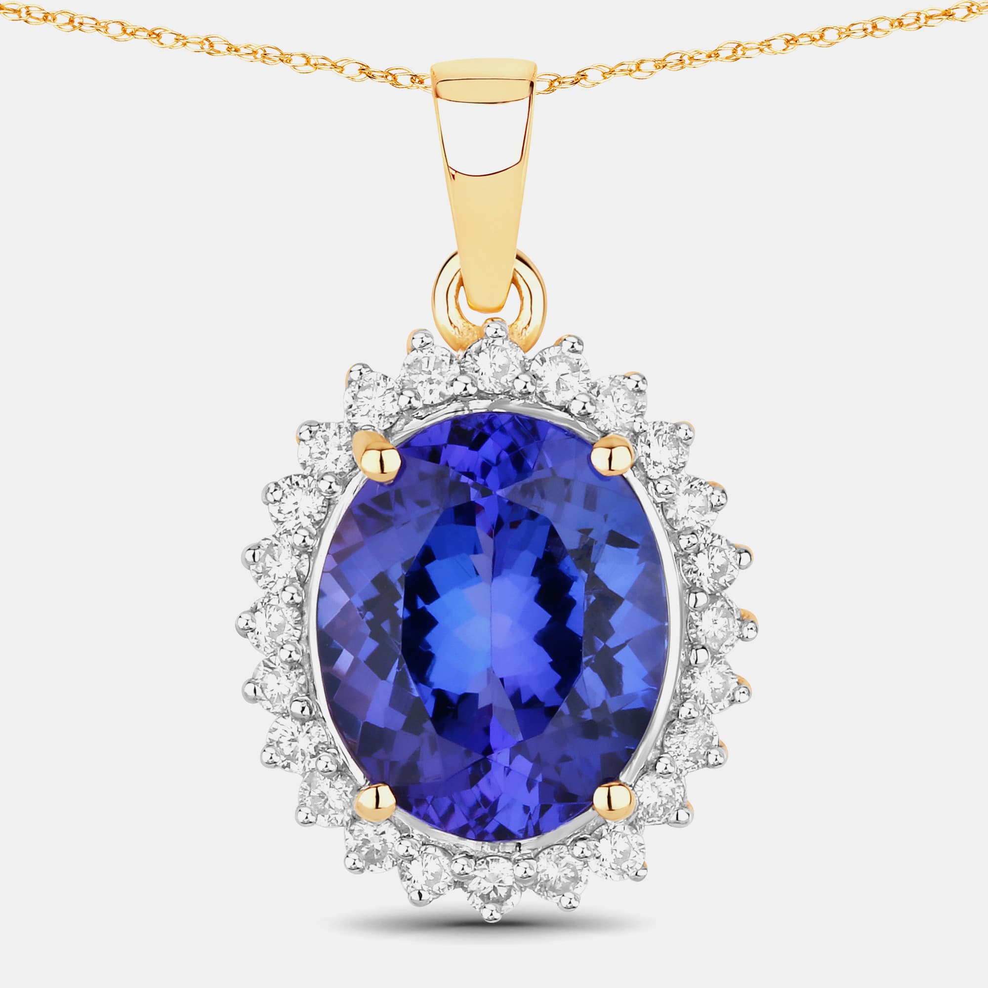 4.34 cts Tanzanite and Diamond 14K Yellow Gold Halo Pendant