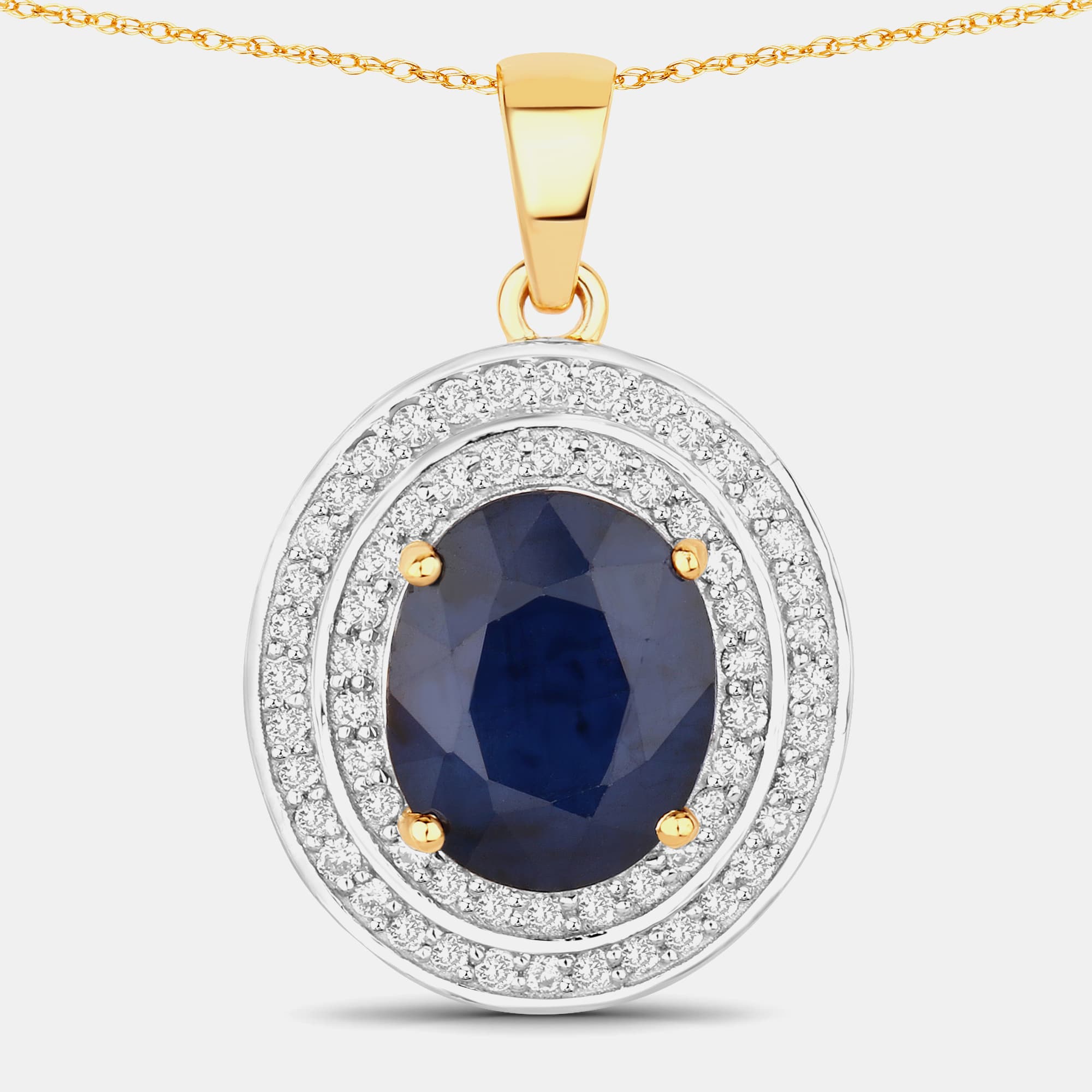 4.32 cts Blue Sapphire and Diamond 14K Yellow Gold Halo Pendant